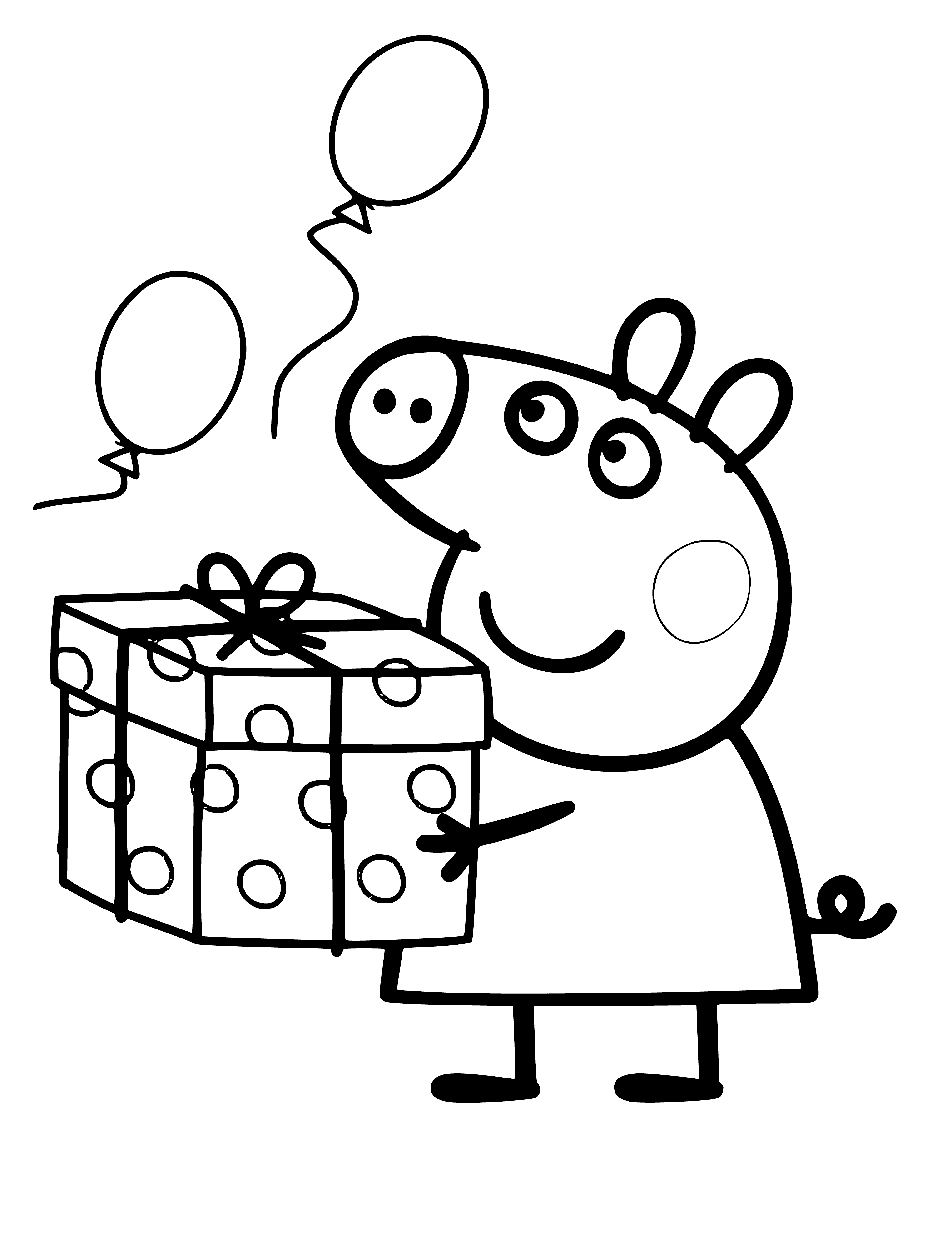 coloring page: Girl with blonde hair and pink dress surrounded by presents, smiling happily.