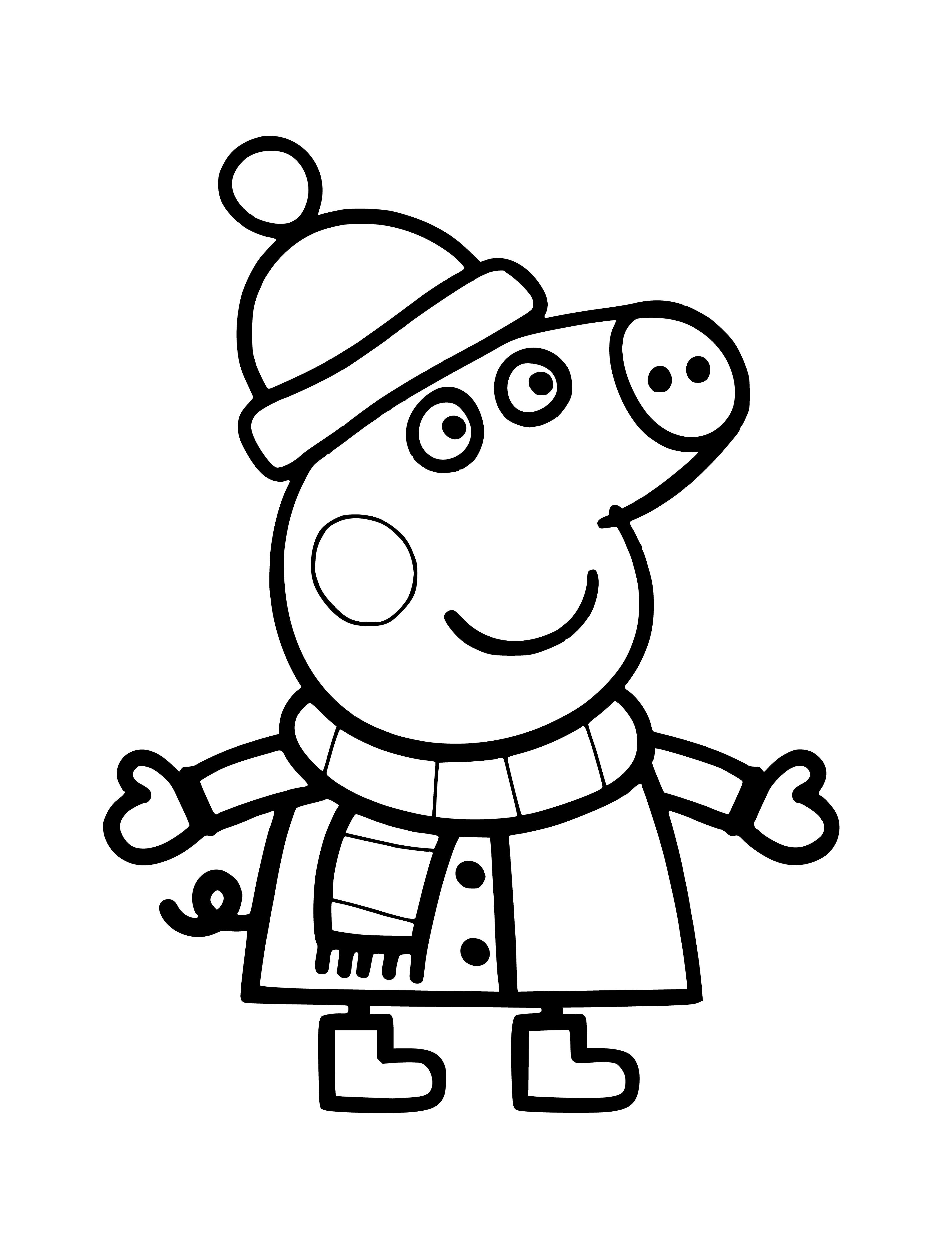 coloring page: Peppa Pig is wearing a red coat, scarf, gloves & boots for winter! #PeppaPig #WinterFashion