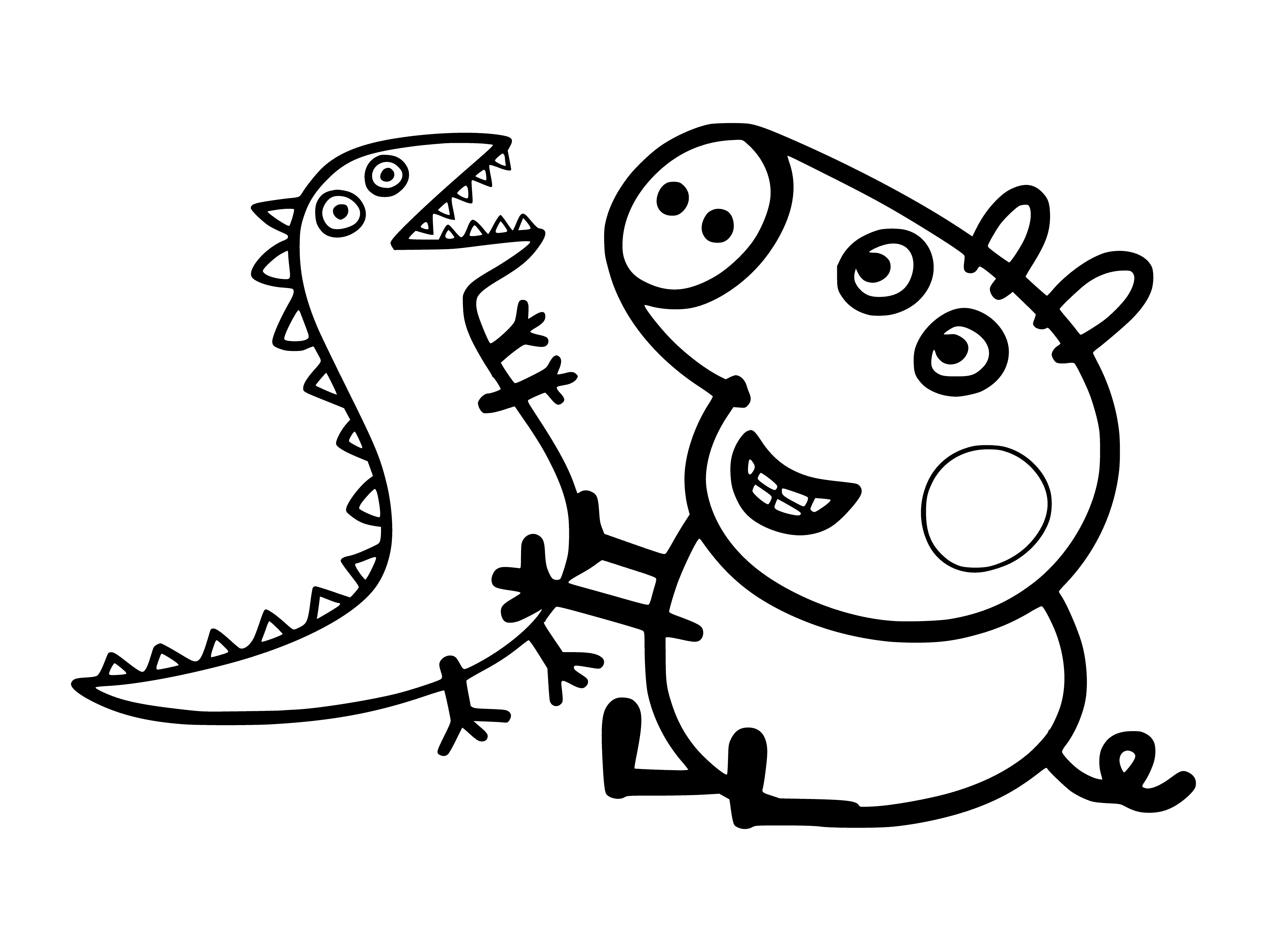 coloring page: Girl & boy pig smile in coloring page, girl holds toy dinosaur. #children #coloring #pigs