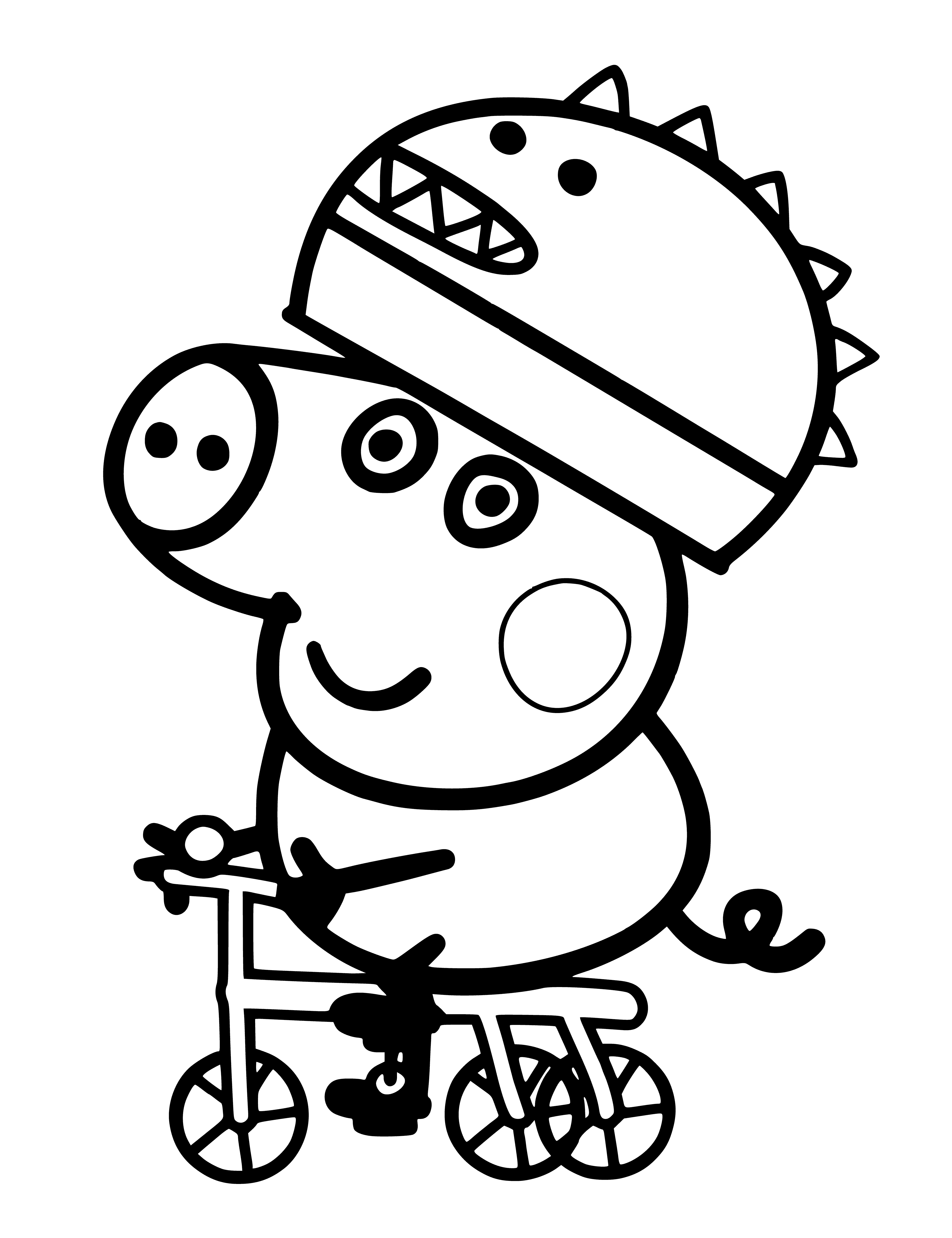coloring page: George cycles through the park with a helmet, big smile. #biking #summer