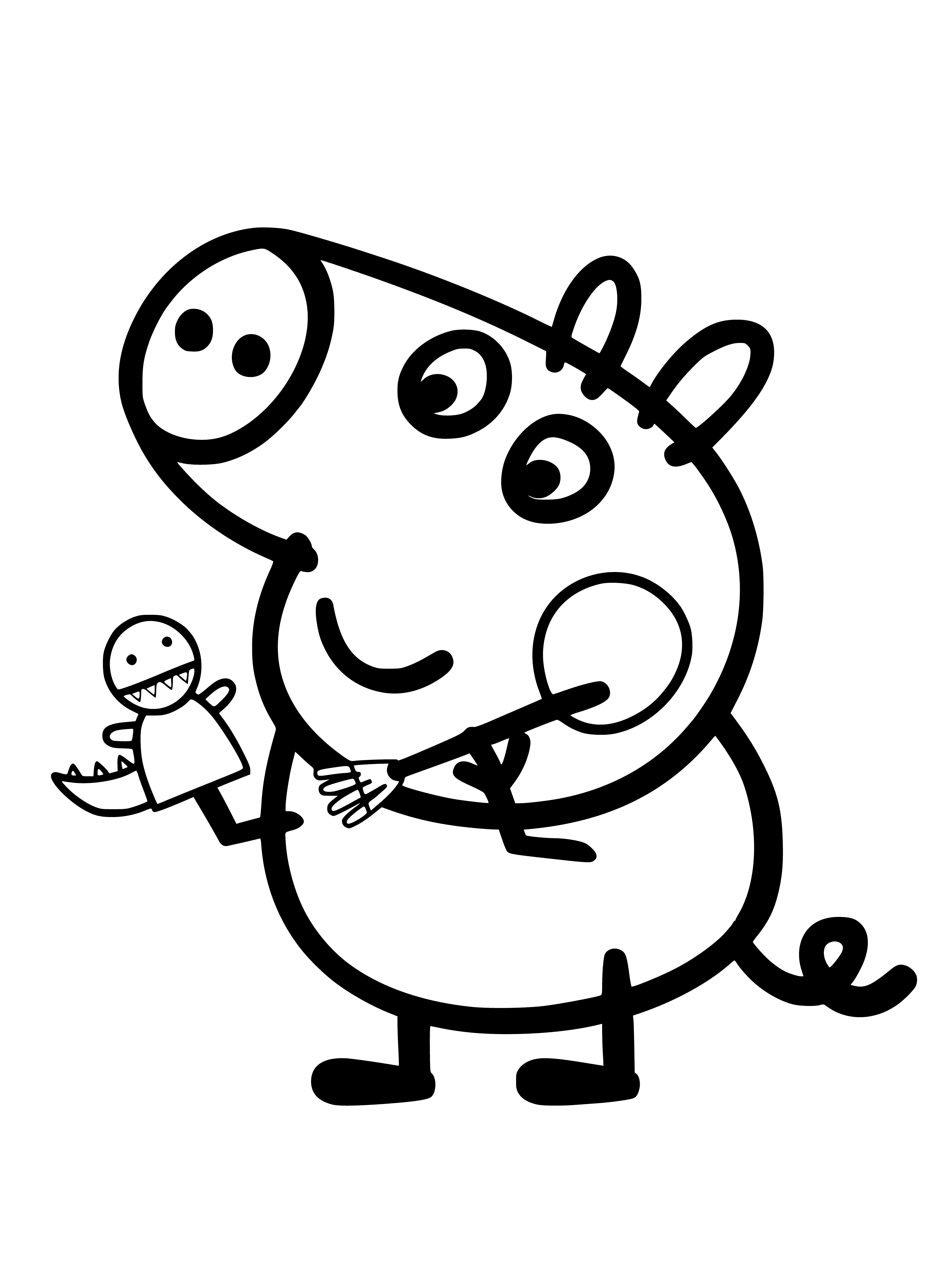 coloring page: Peppa and George play with a toy; George sits with it and Peppa stands nearby looking.