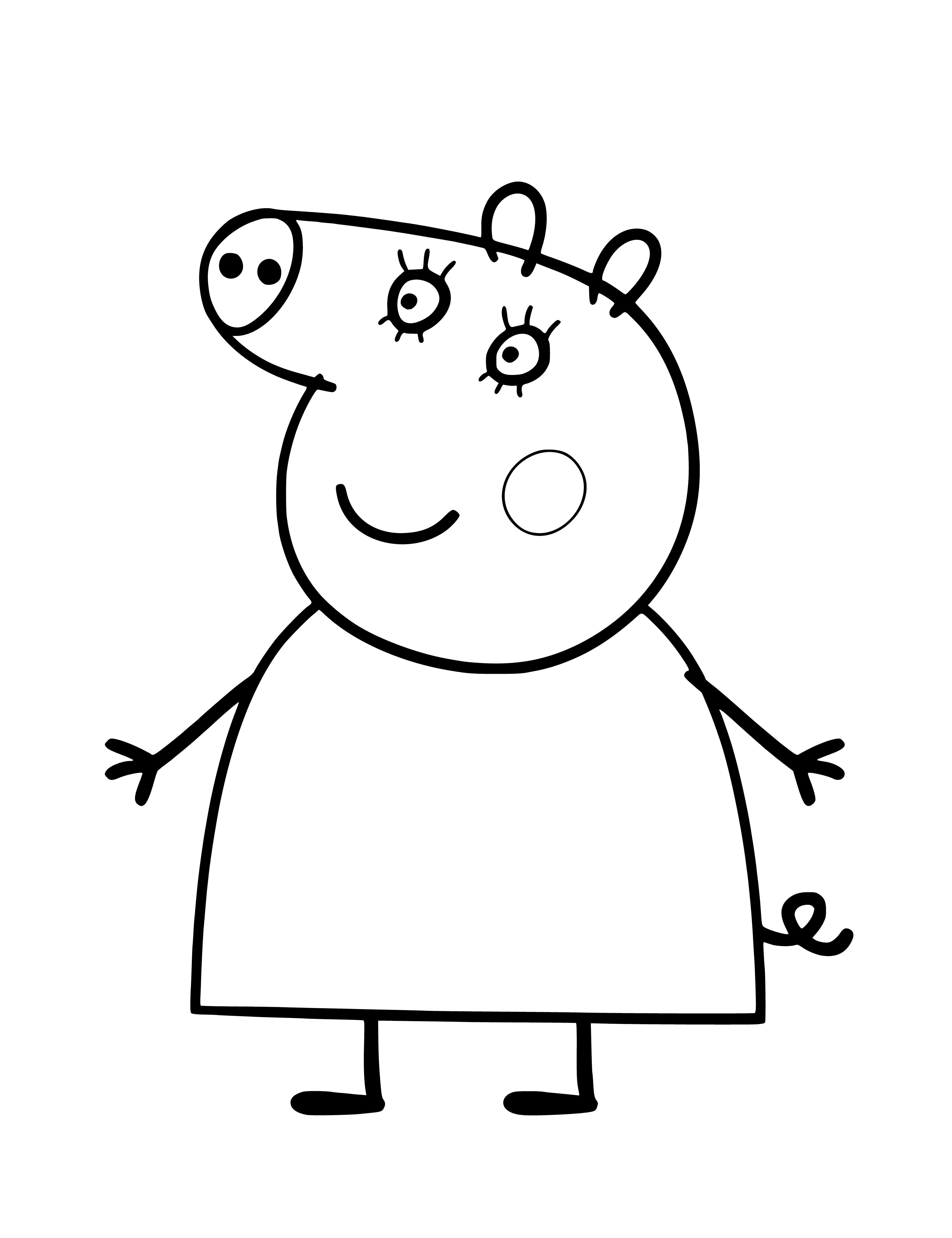 coloring page: Mom Pig is wearing a dress and smiling, standing next to a table with a cake - ready to celebrate!