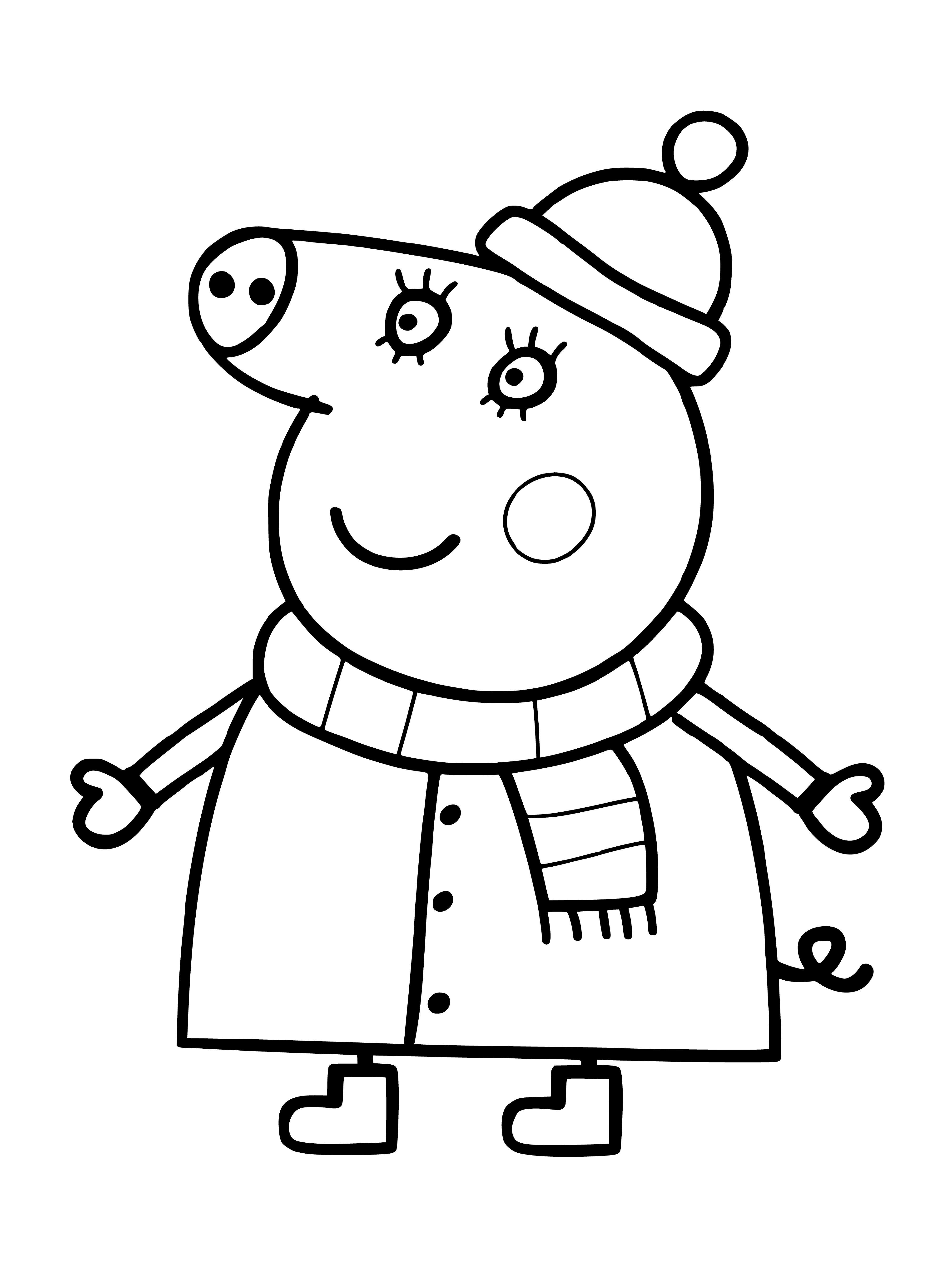 coloring page: Mom Pig is bundled up in the snow to keep warm, standing in front of a cozy winter home.