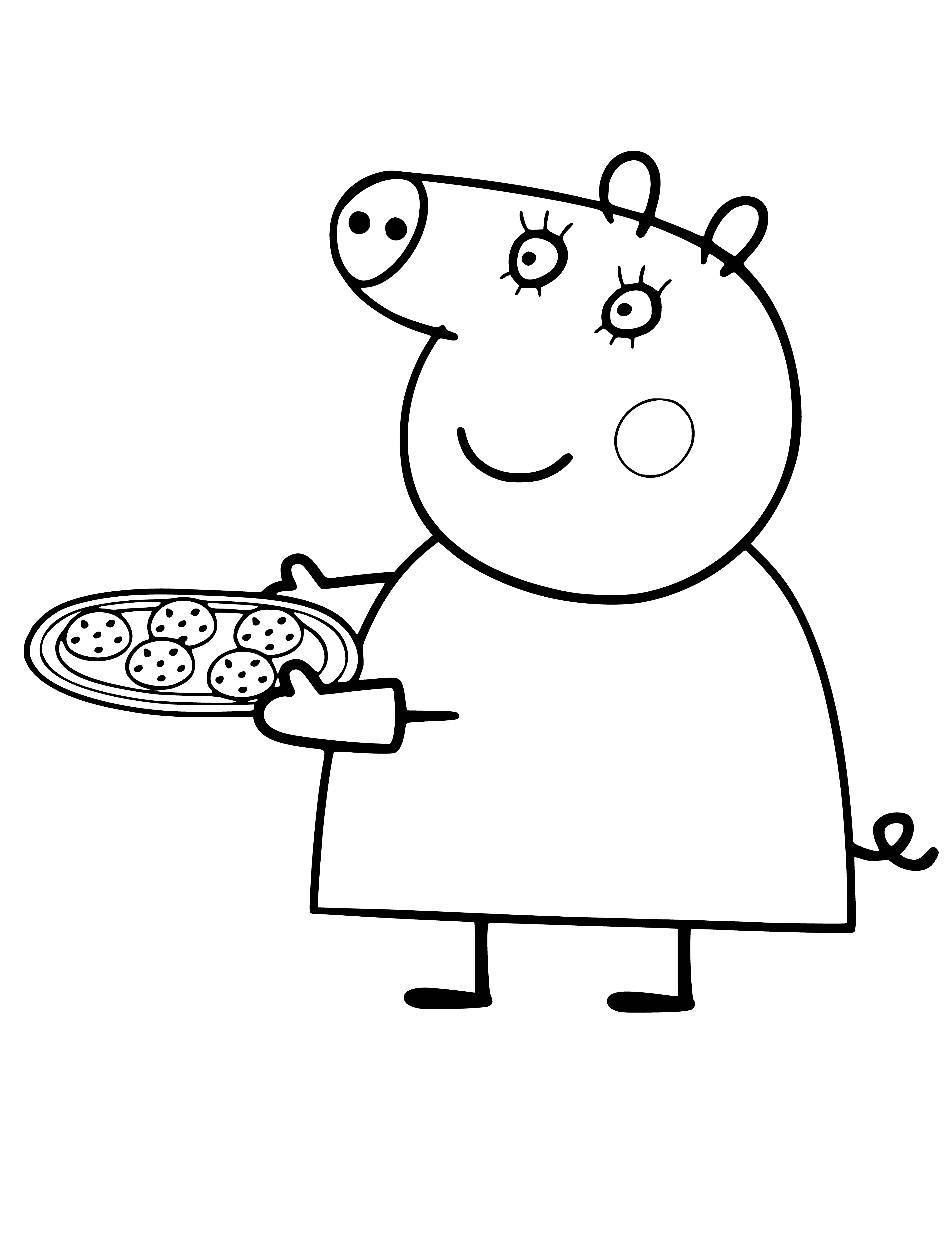 coloring page: Mother Pig is baking cookies in the hot oven, wearing an apron and holding a spatula with a smile. #smilingcooking