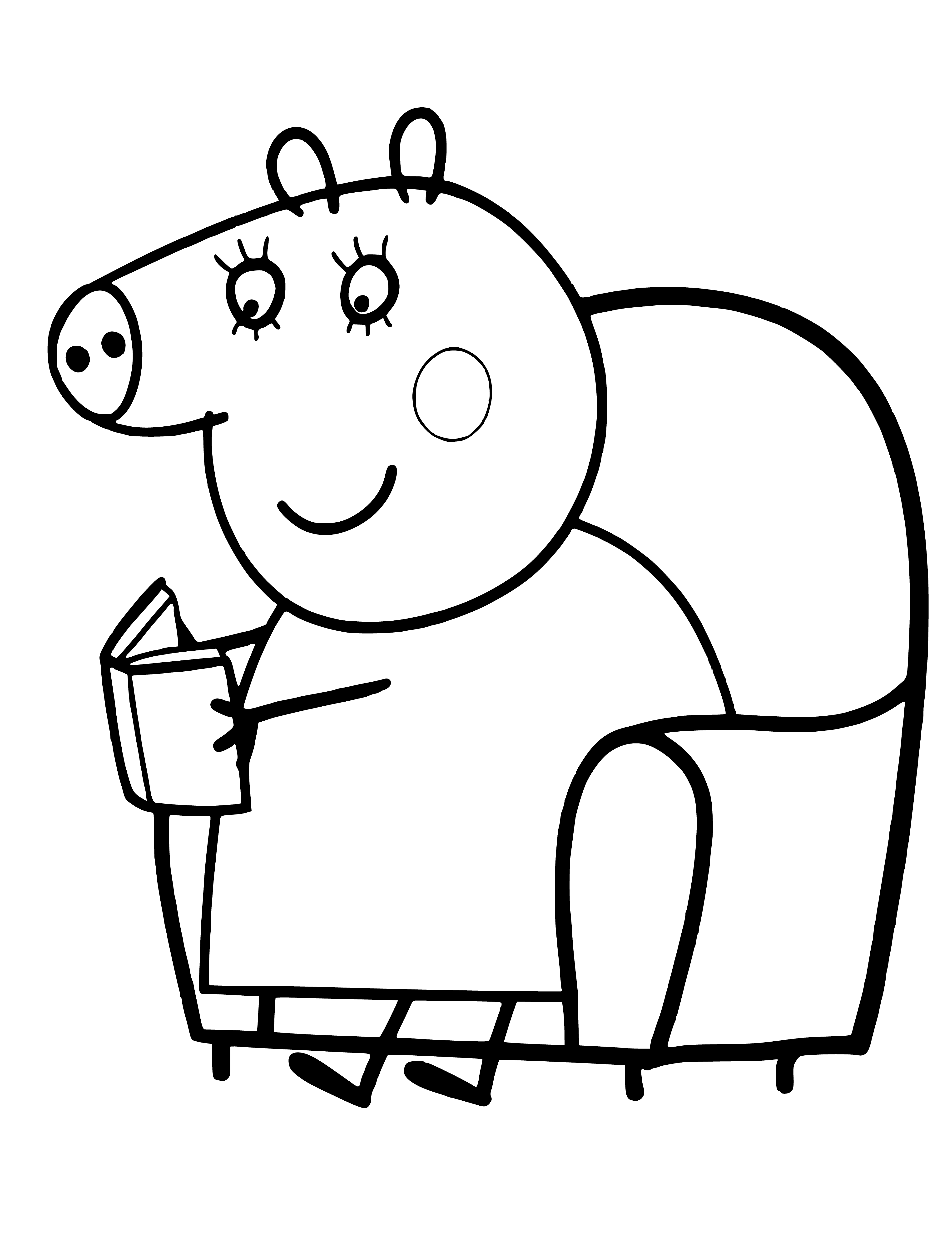 coloring page: Pink pig in a chair, wearing a crown & surrounded by a teacup, footstool and table—ready to sip some tea & enjoy her royal life!