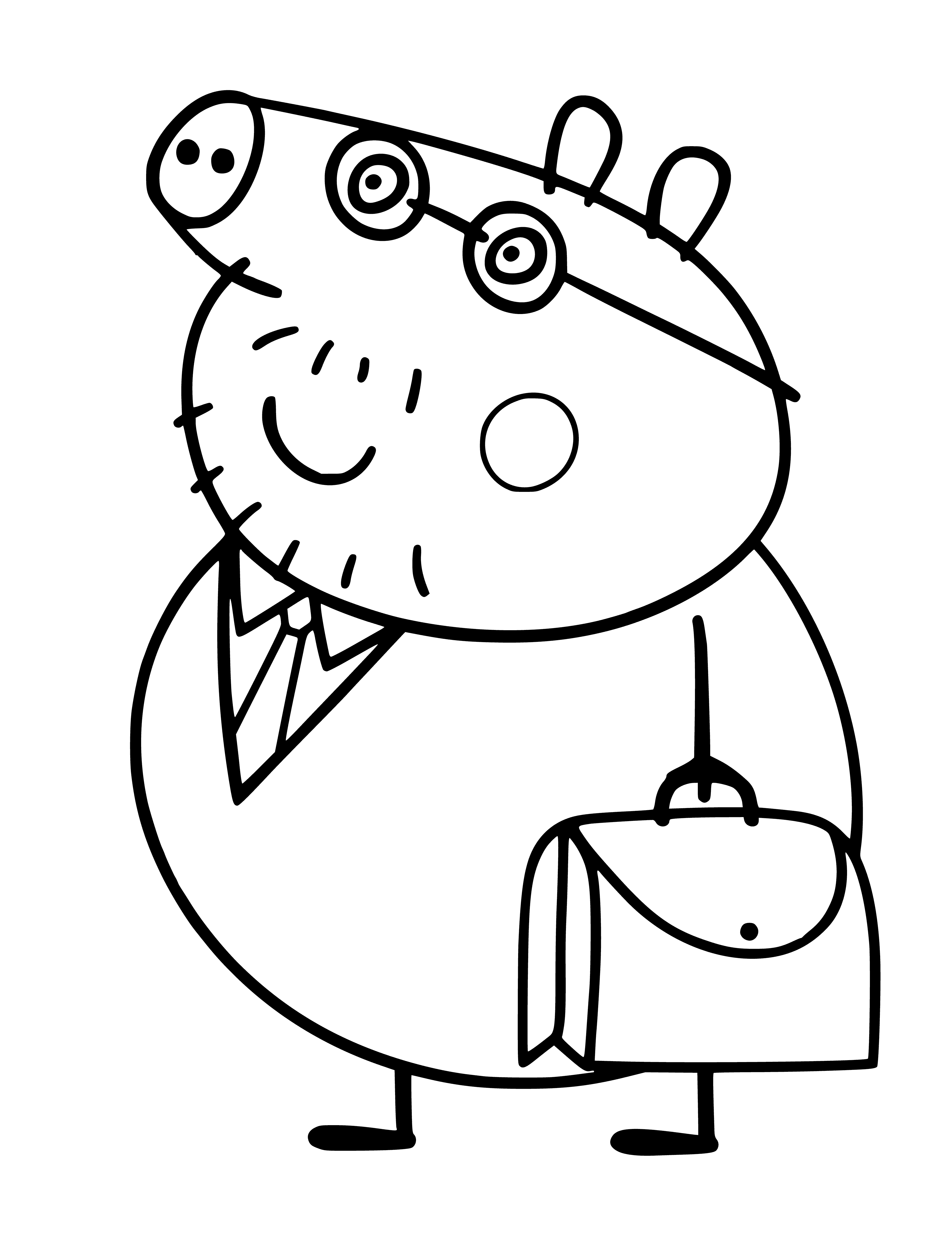 coloring page: Daddy Pig puts on his tie in front of a mirror while a coffee mug sits on the counter.