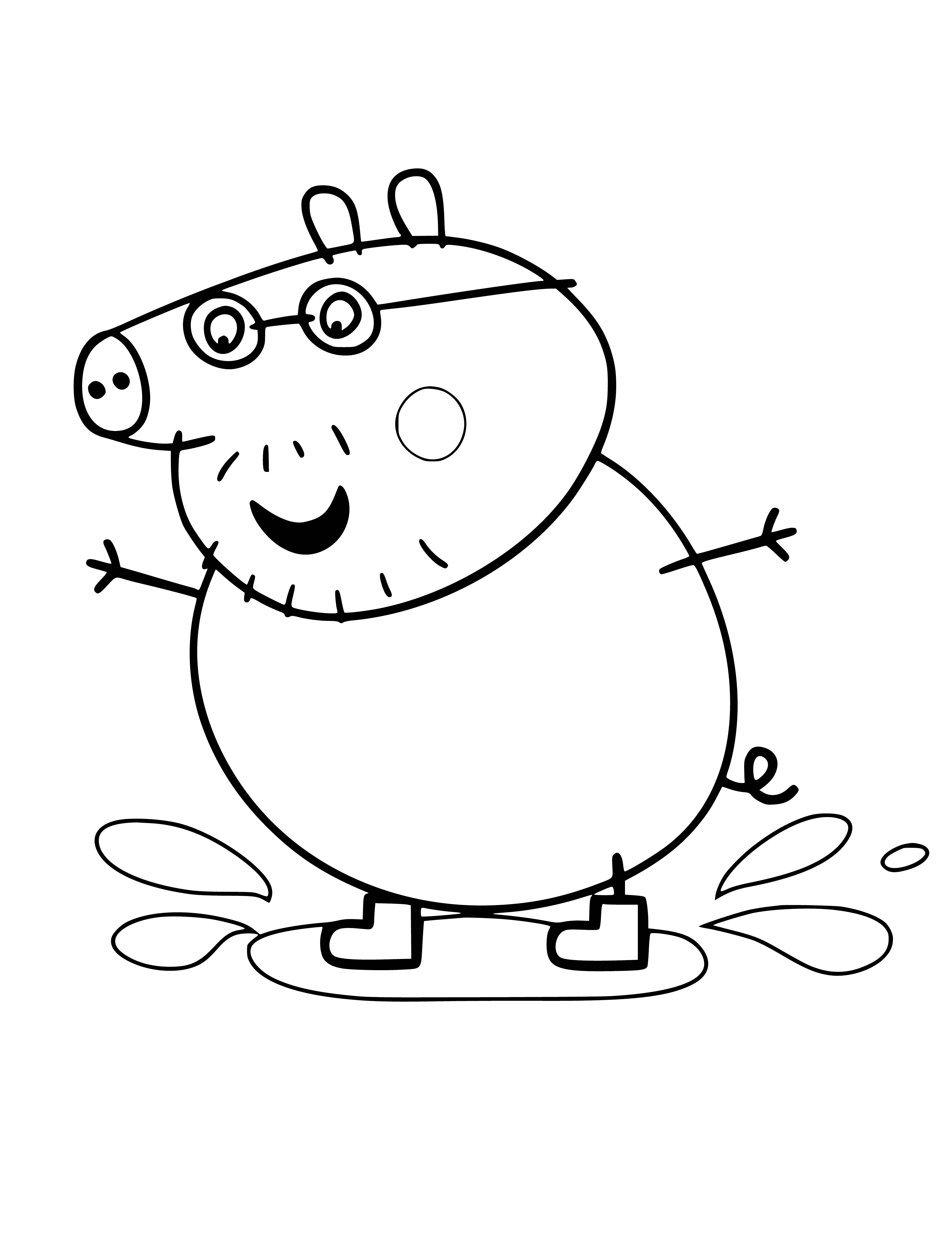 coloring page: Daddy pig stands in a puddle wearing a blue shirt & pink nose, with a large tree behind him in the coloring page.