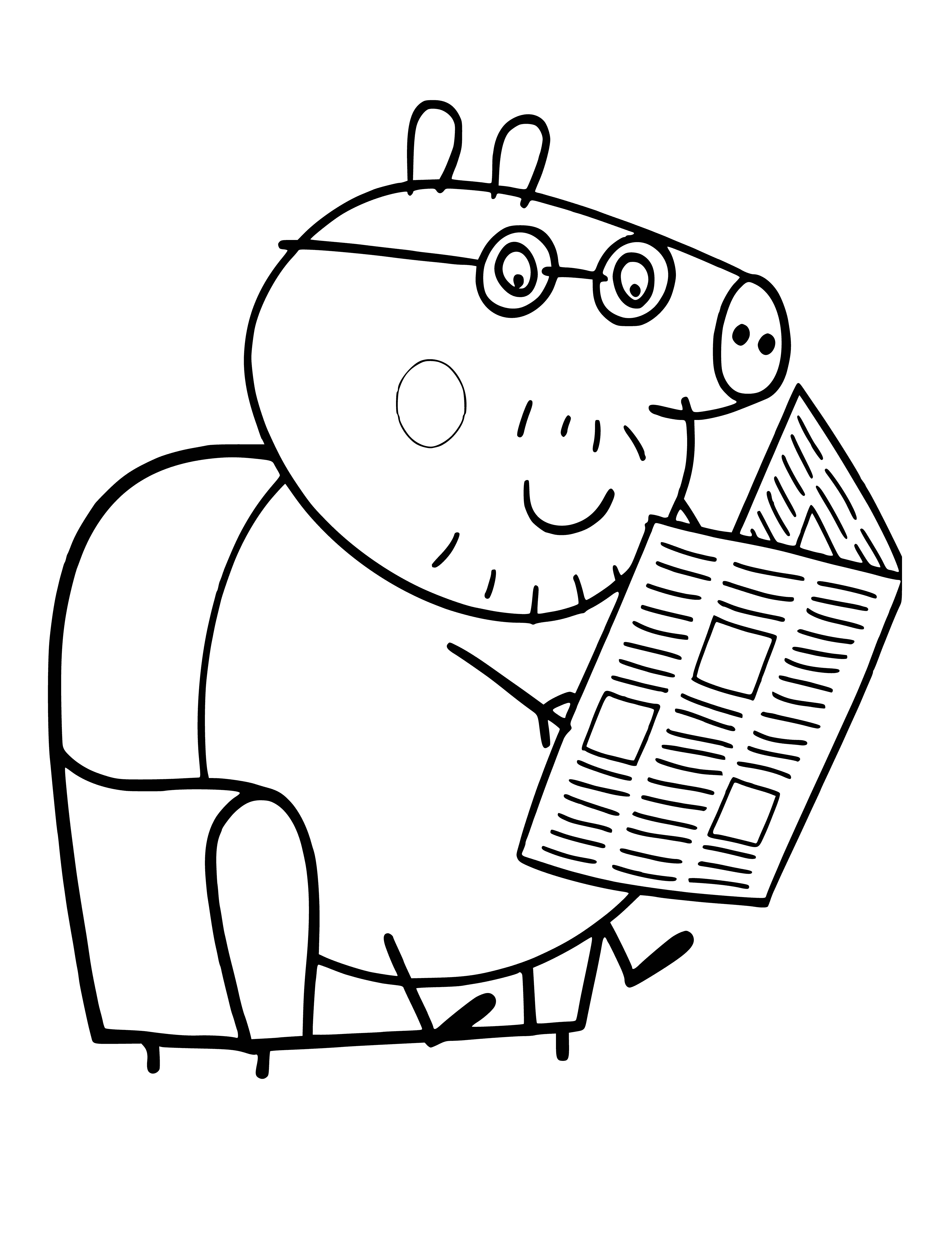 coloring page: Father Pig sits in a chair, reading a book. He has a bald head, big stomach and wears a green shirt, blue pants and a brown mustache. #ReadingPig