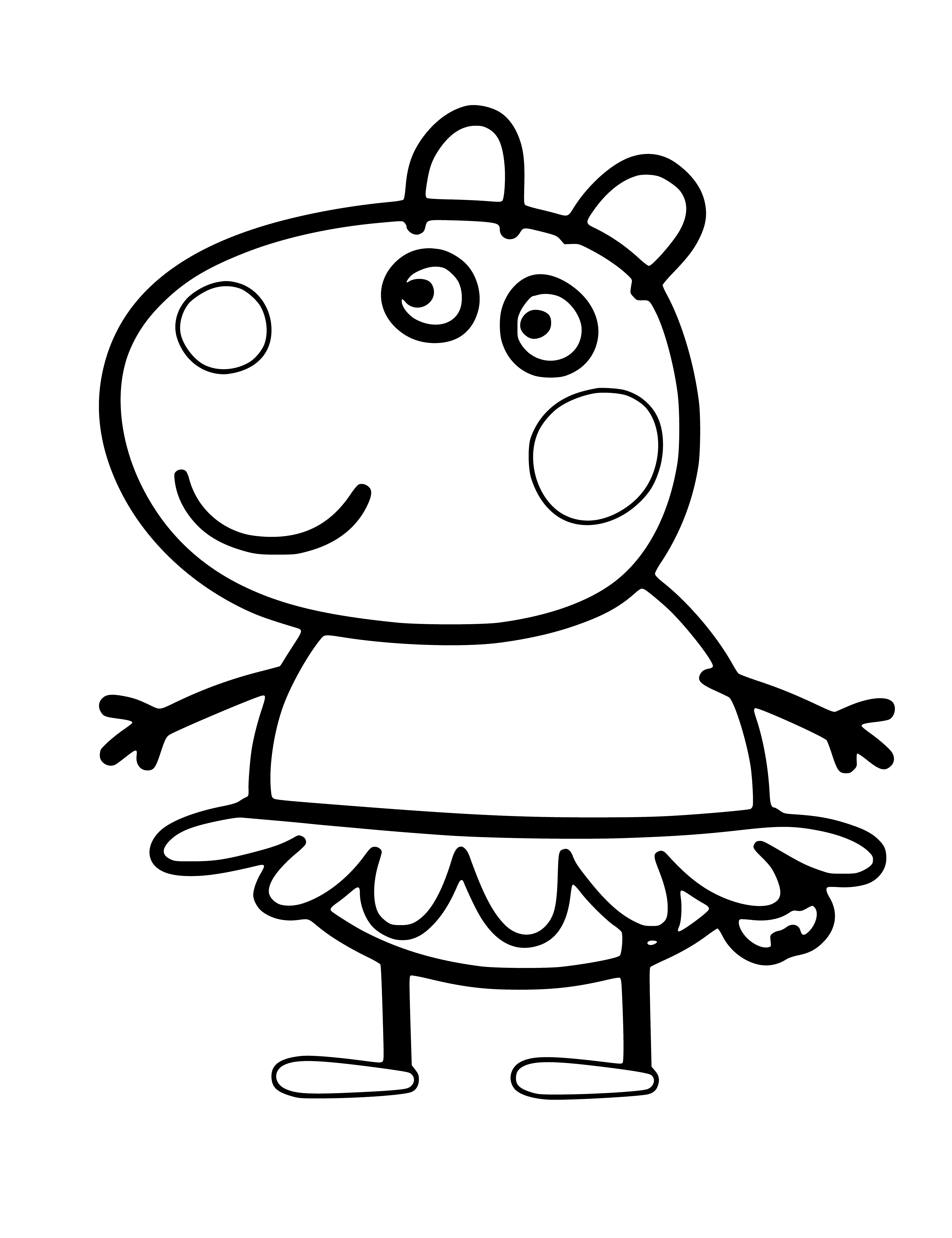 coloring page: Peppa Pig and Susie the Sheep sit happily on a pink mat; Susie has a blue bow on her head.