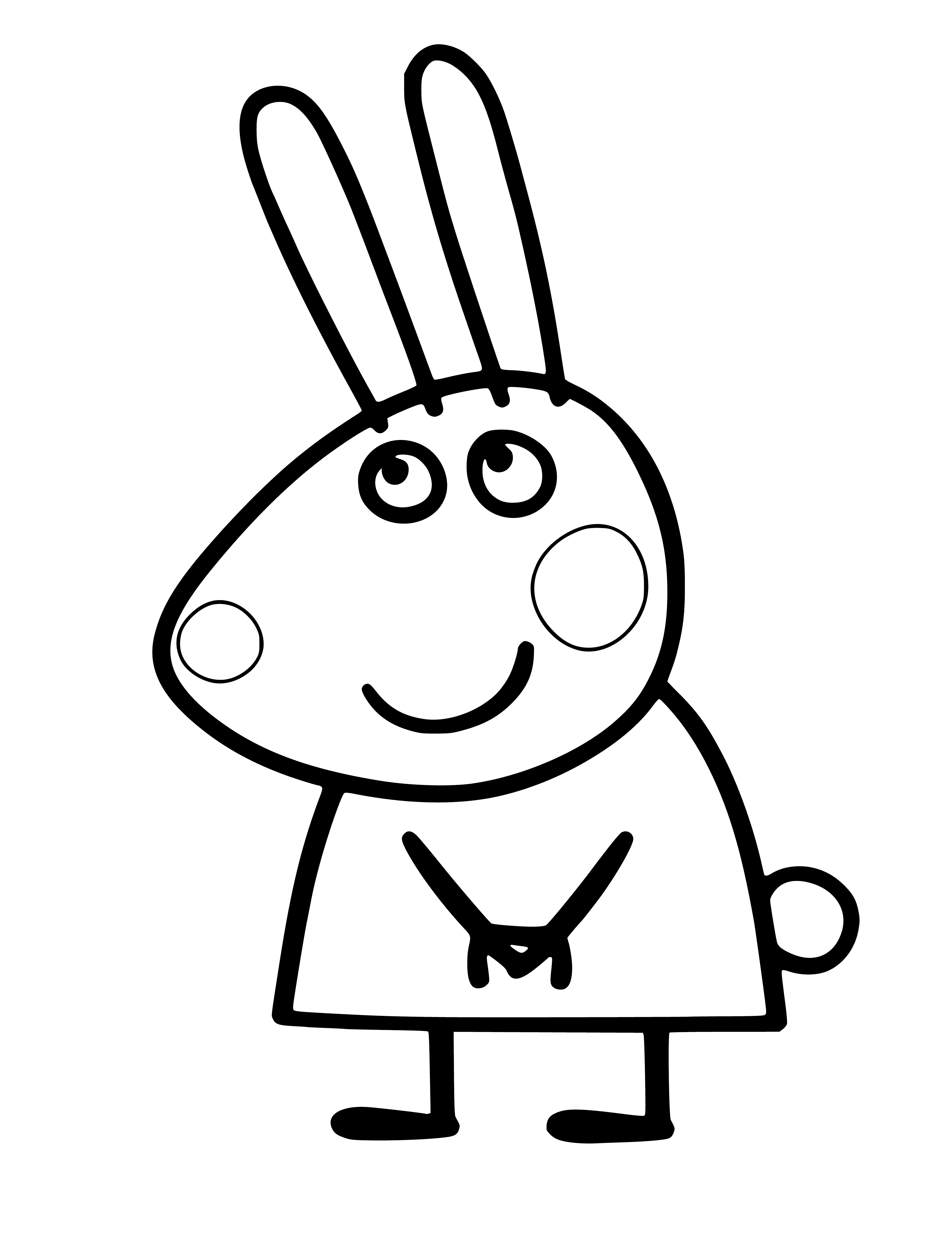 coloring page: Girl in blue dress holds carrot while white-spotted rabbit on ground gazes up at her.