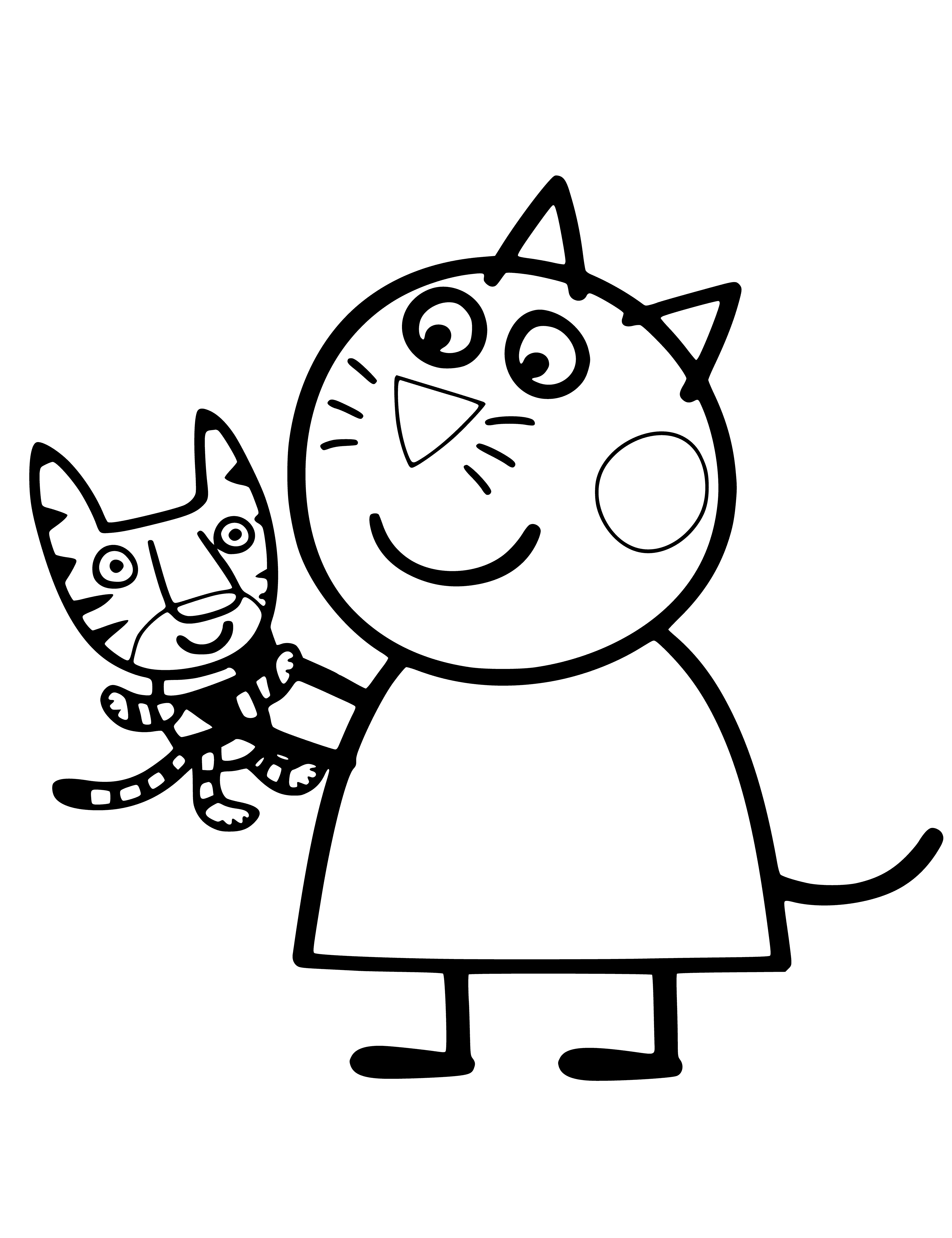 coloring page: A light pink box with a coloring page of Peppa Pig and a yellow bow on top. "Peppa Pig - Cat Candy" written on white against light blue bg.