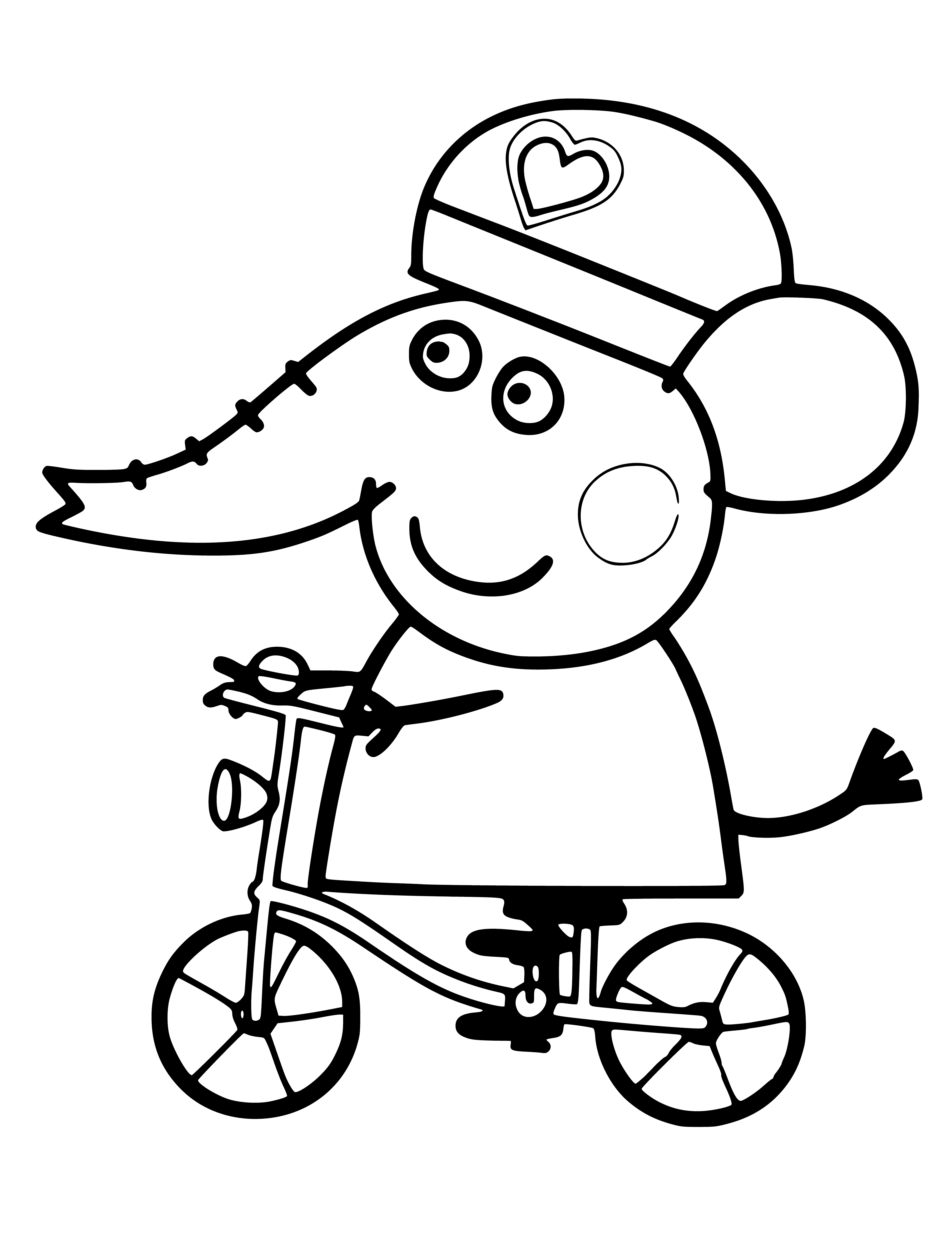 coloring page: Peppa & Emily are riding bikes, they both have helmets & Peppa has a bell. Both smiling & having fun.