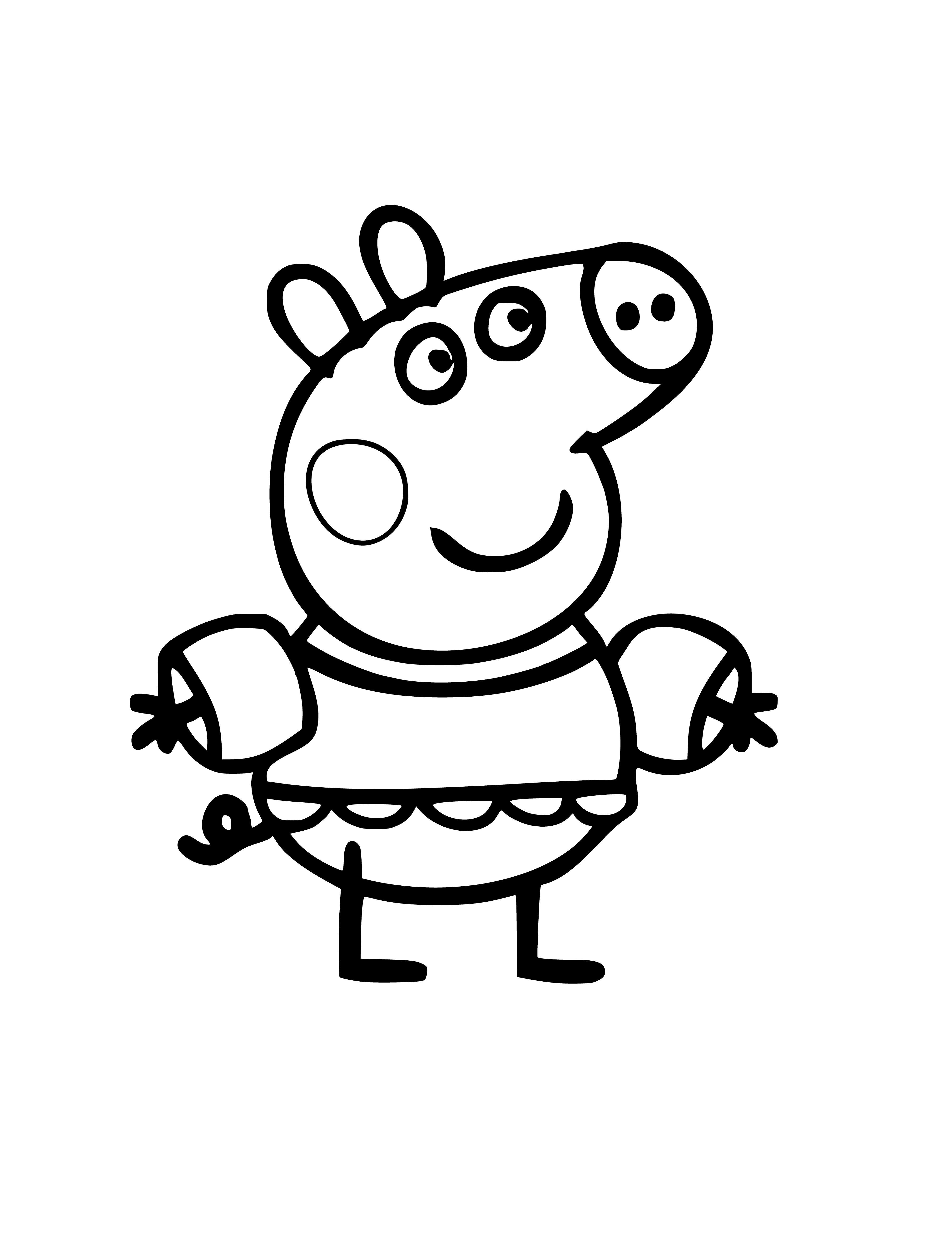 coloring page: A little girl pig in a pool wearing a blue bathing suit with armbands. Smiling happily.