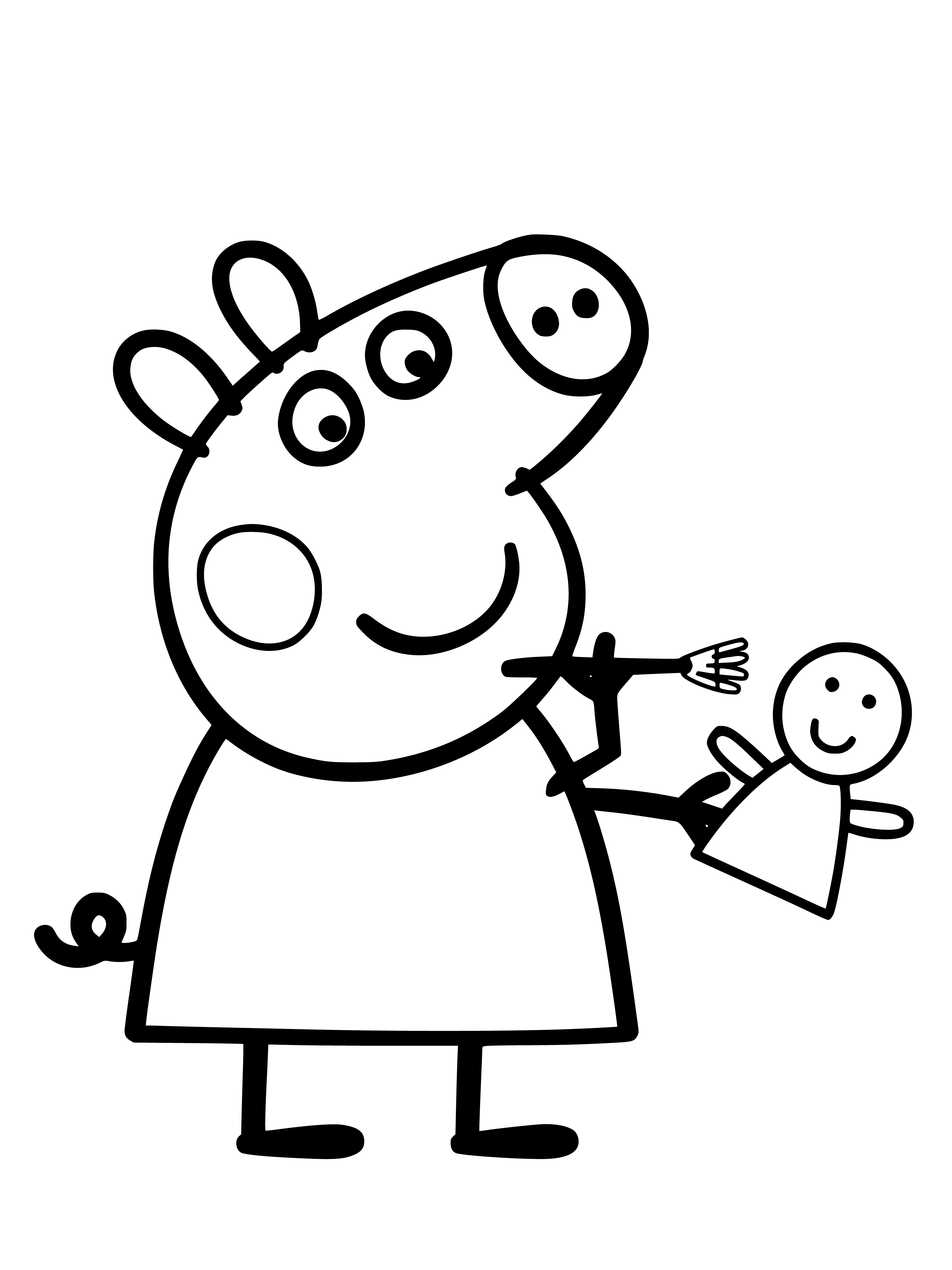 coloring page: Girl pig Peppa holds doll w/ brown hair and blue dress in coloring page.