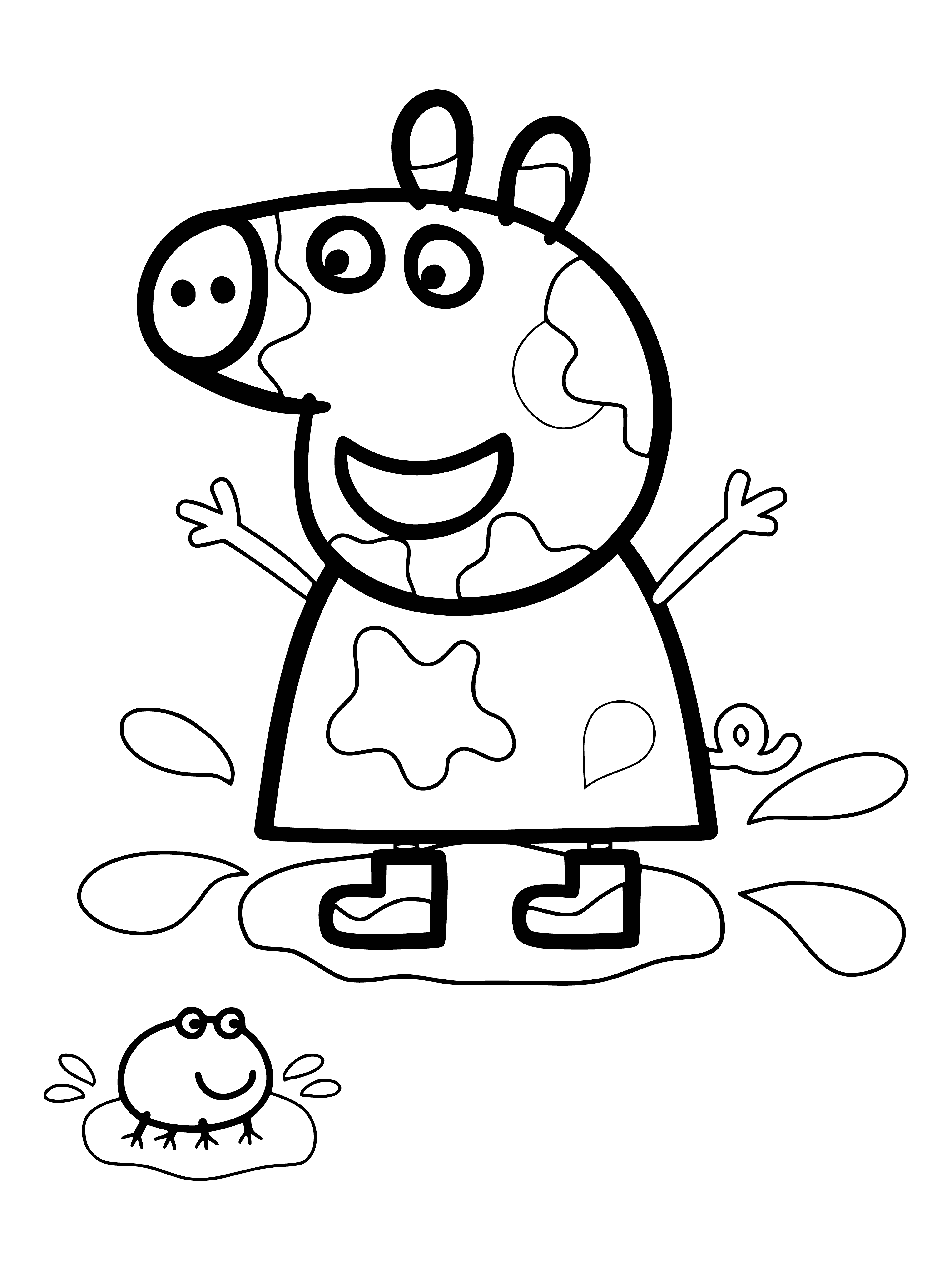 coloring page: Pink pig admires herself in puddle wearing green dress with yellow flowers.