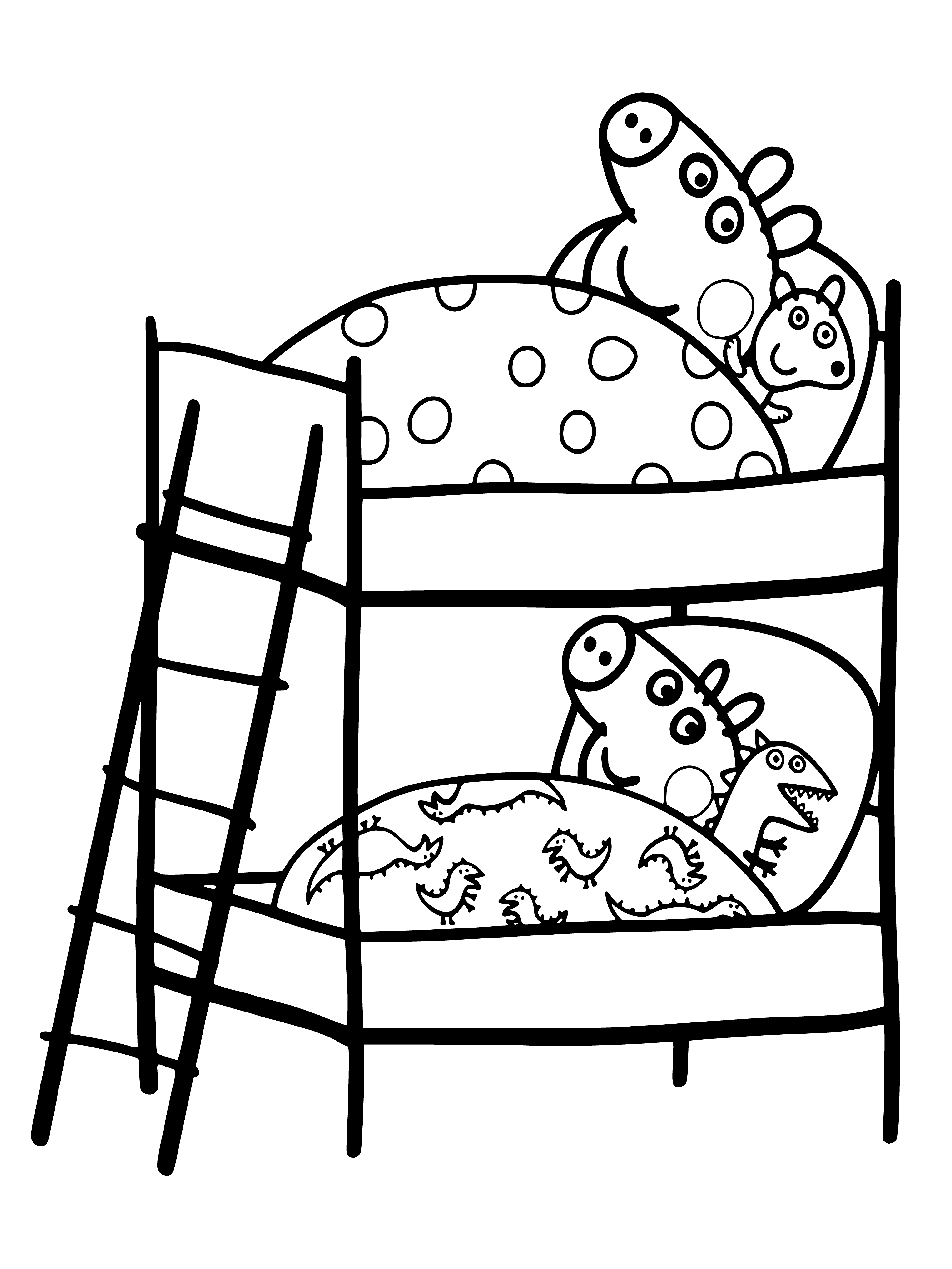 coloring page: George and Peppa cuddle in bed with a book and stuffed animal.