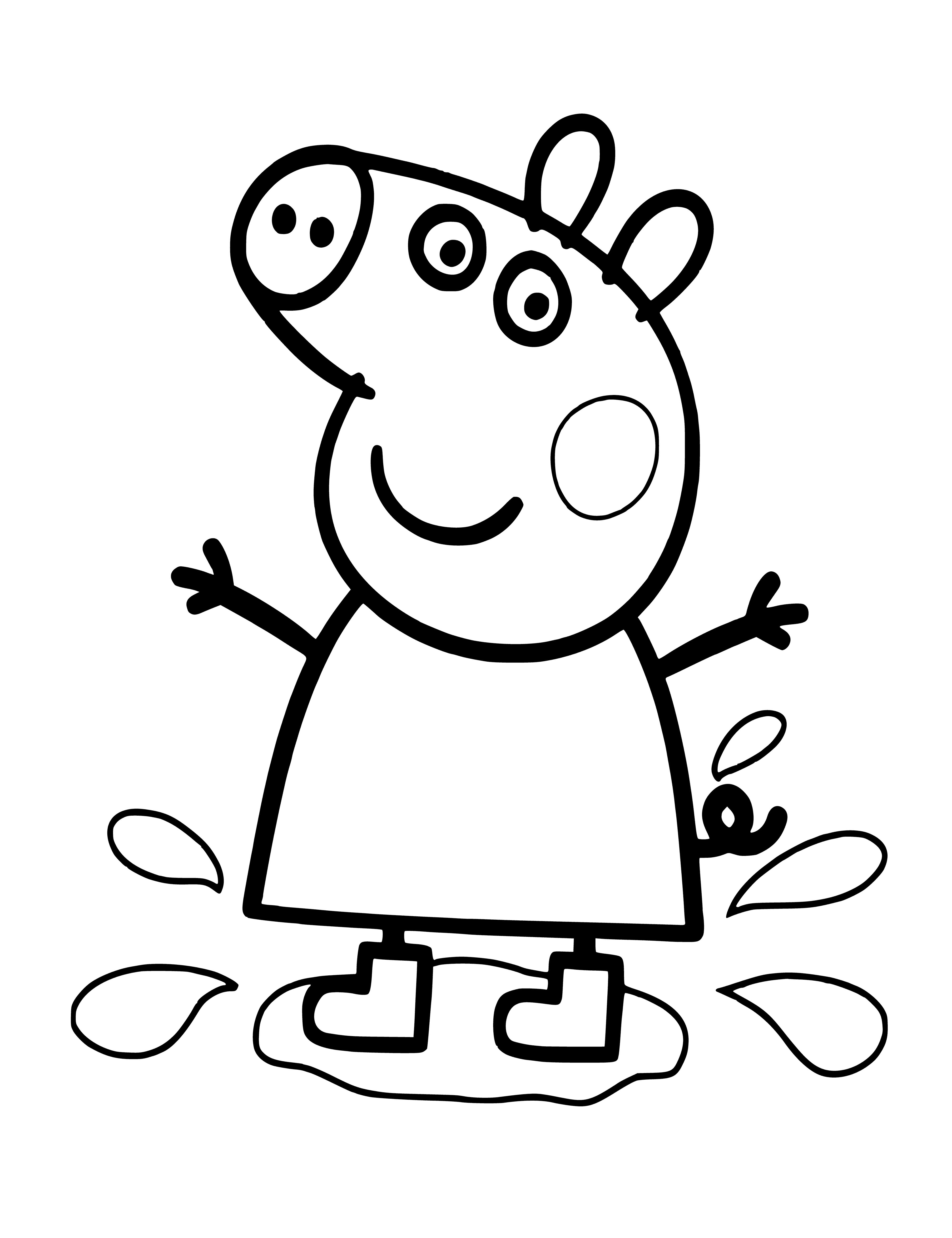coloring page: Peppa Pig is wearing a raincoat and boots, splashing in a puddle.