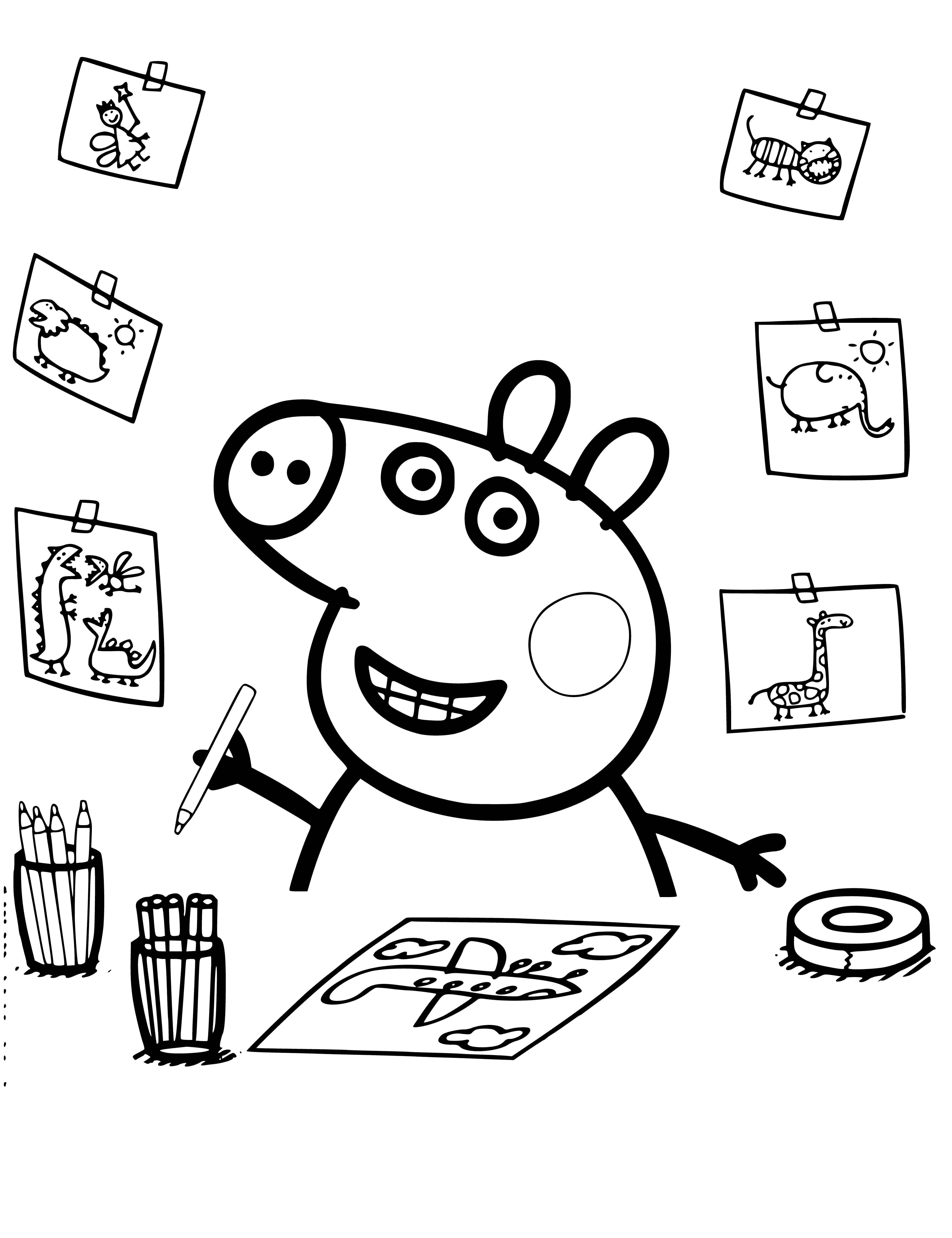 coloring page: Peppa Pig is drawing a happy face with a yellow pencil, concentrating hard.