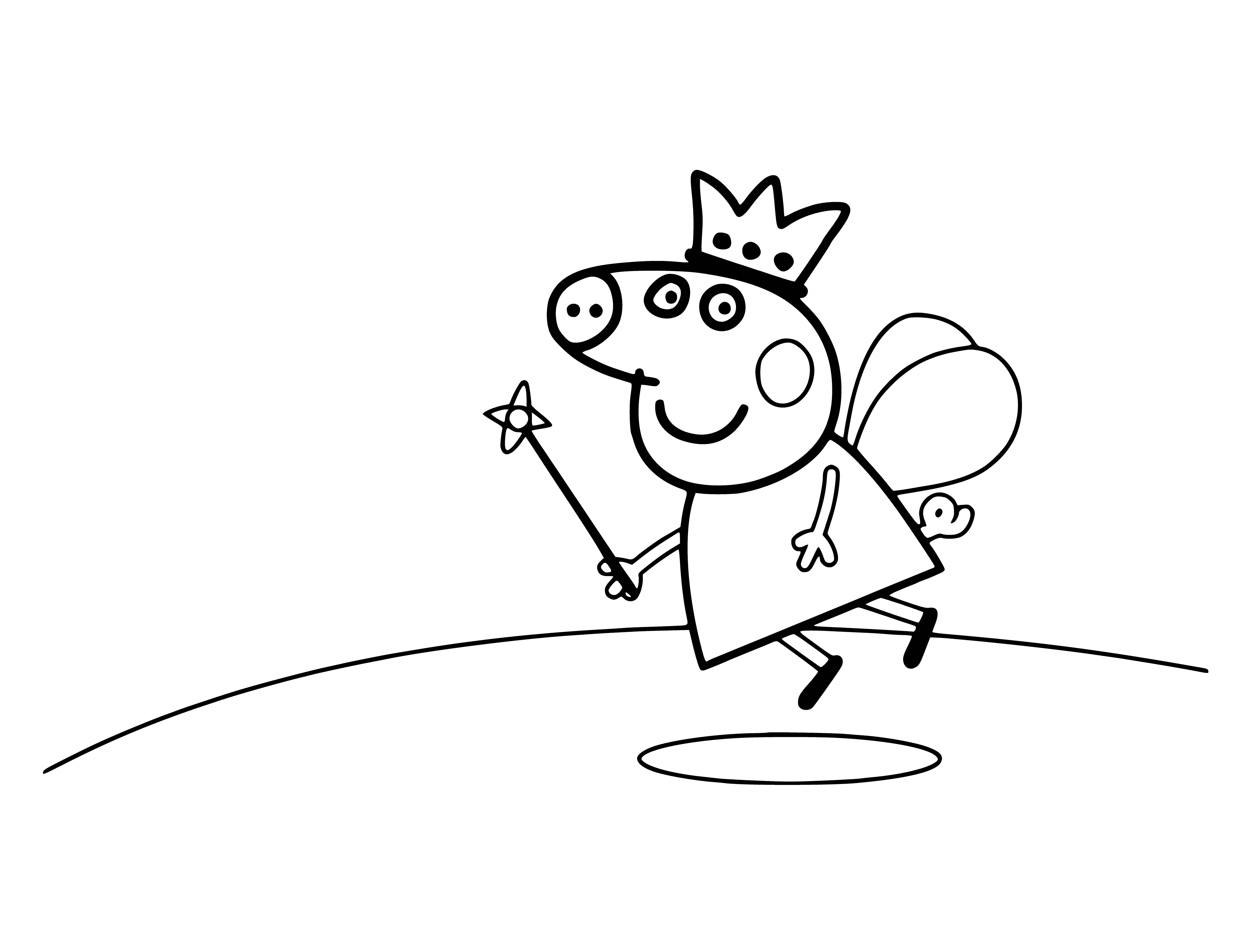 coloring page: Peppa Pig sits on a toadstool in a mushroom field with a wand, wearing a pink dress. A fairy is nearby.