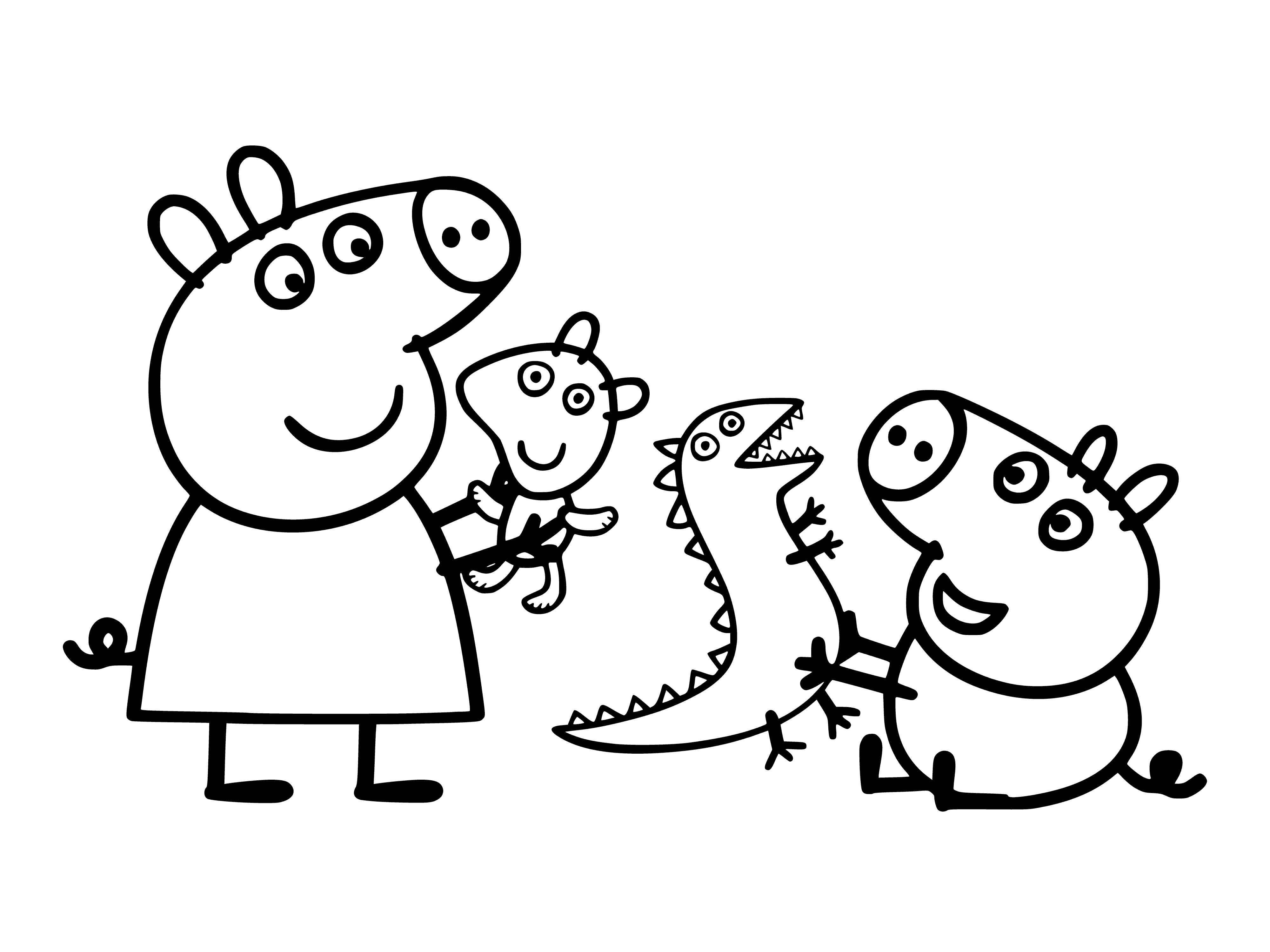 coloring page: Peppa and George are playing on the floor as she laughs at her brother crawling around her.