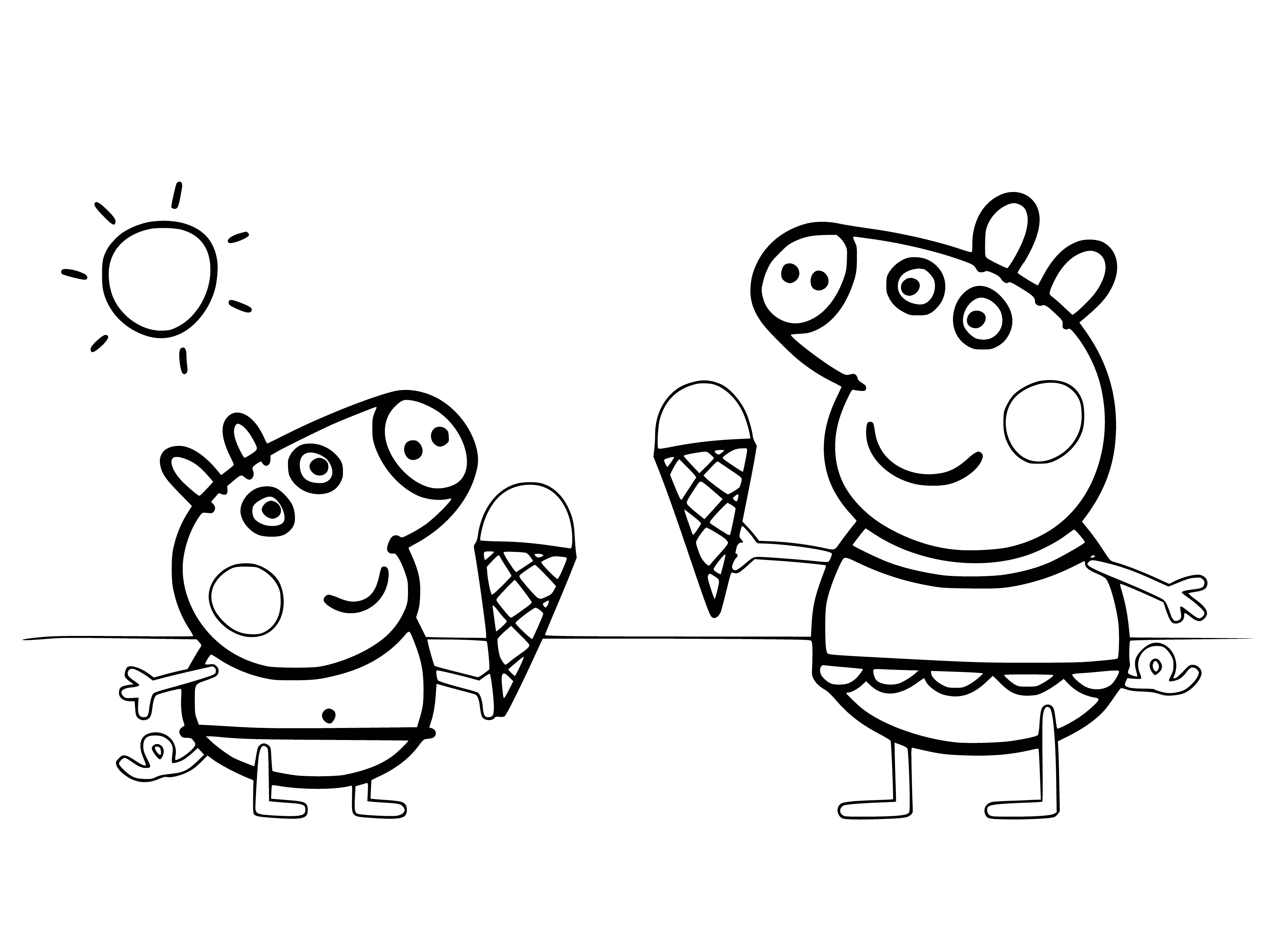 coloring page: Peppa & George eating ice cream & enjoying themselves with cones.
