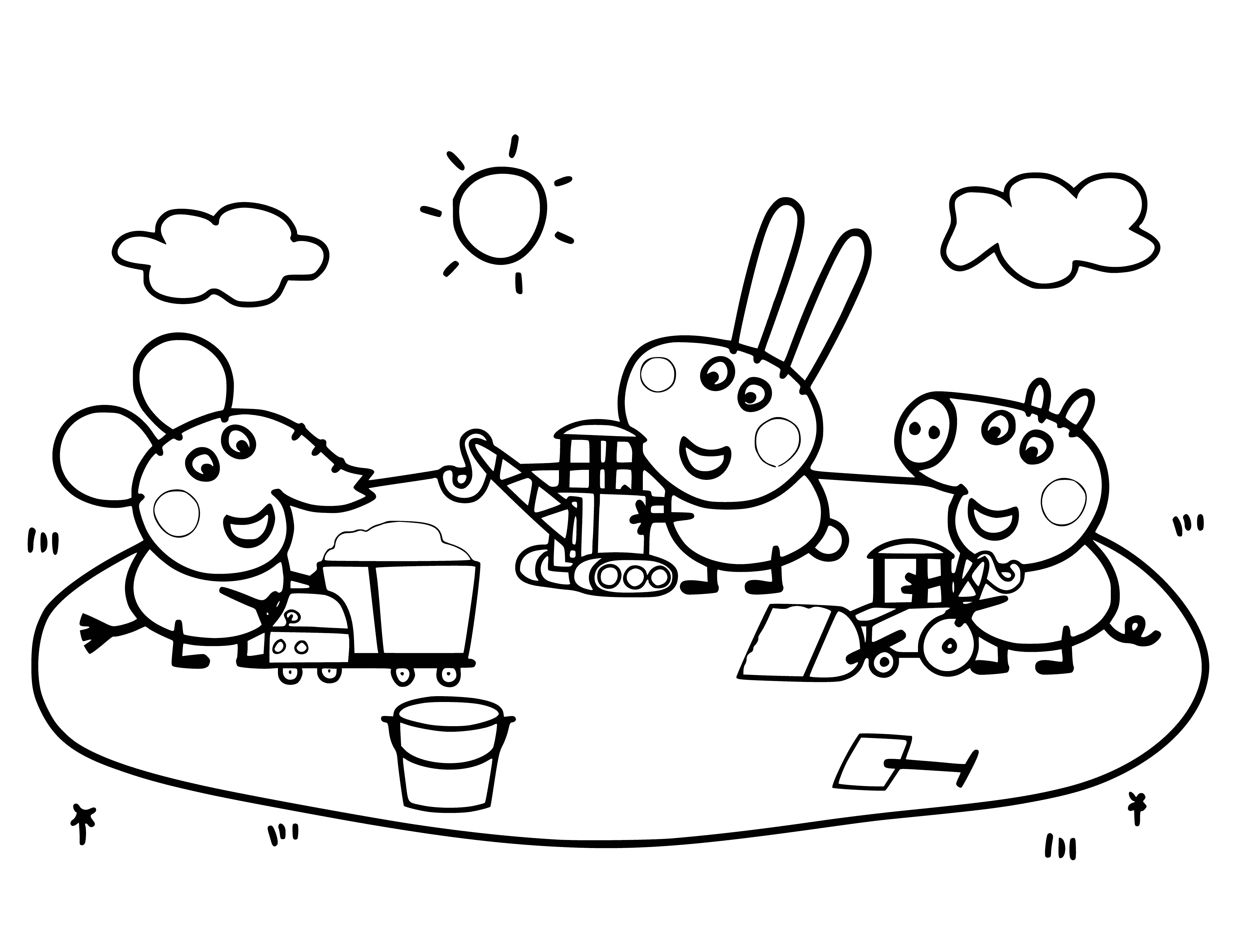 coloring page: Edmont, Richard & George are having fun—elephant's flying a kite, Rabbit playing drums & Pig strumming a guitar.