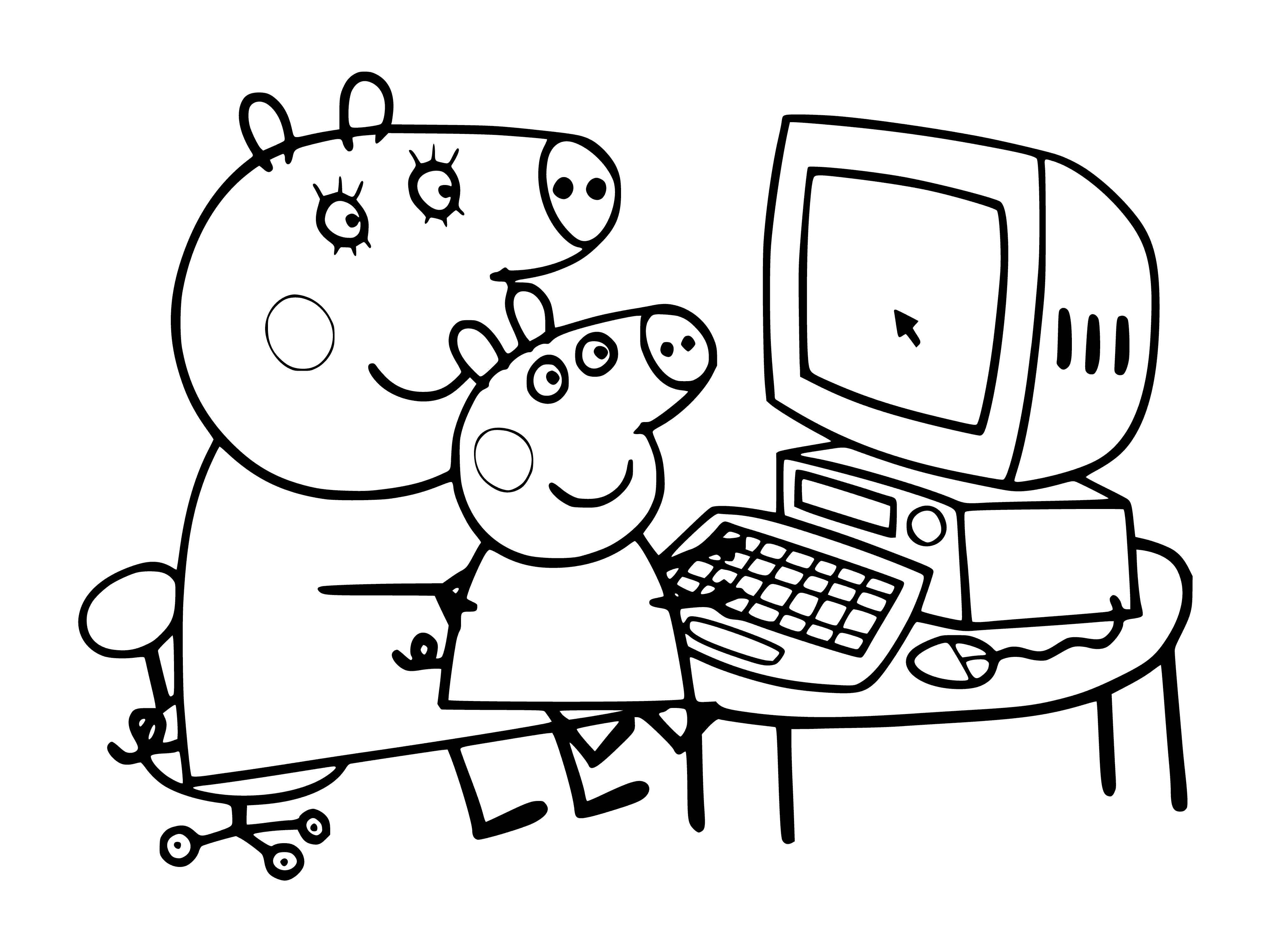 coloring page: Peppa Pig colors a butterfly on a computer, wearing a blue shirt & trousers. Hands on keyboard, looks at screen.