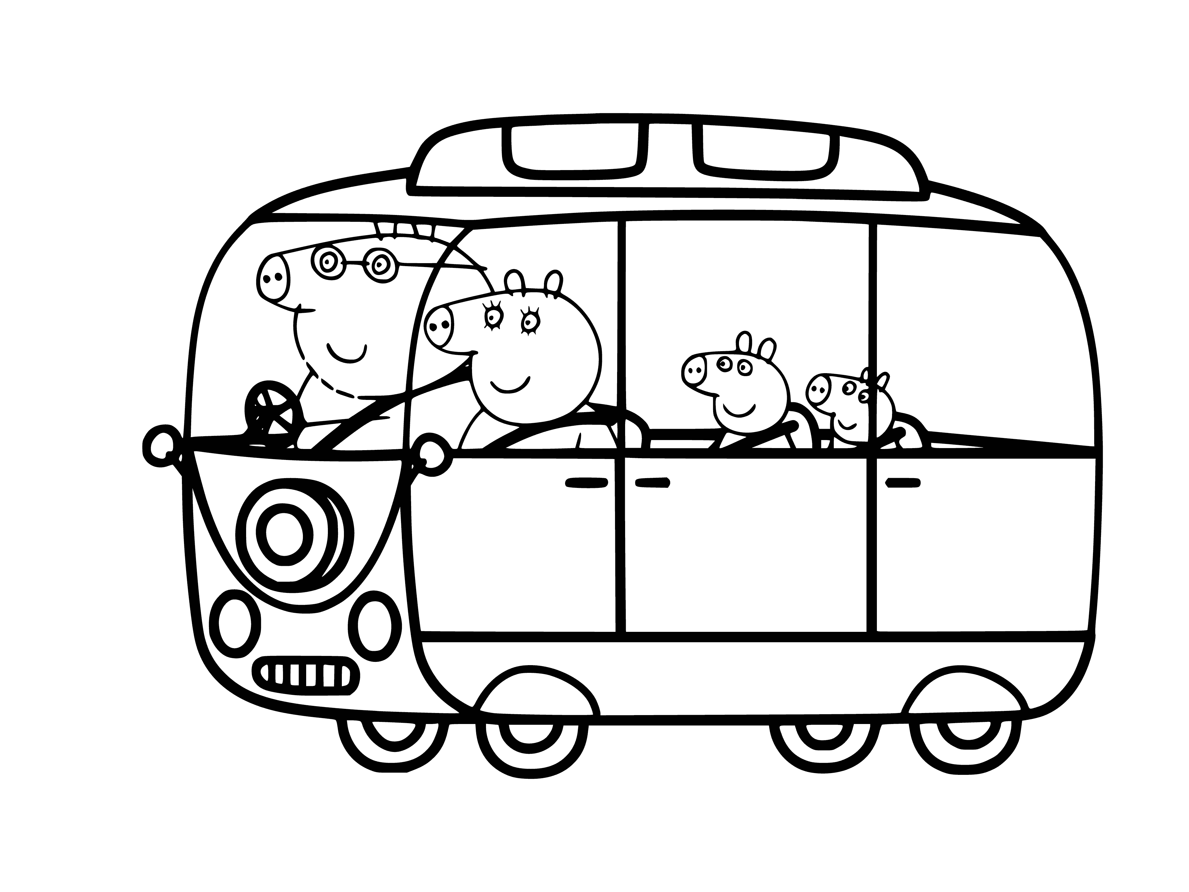 coloring page: : Peppa Pig family drives, but Peppa rides atop car.