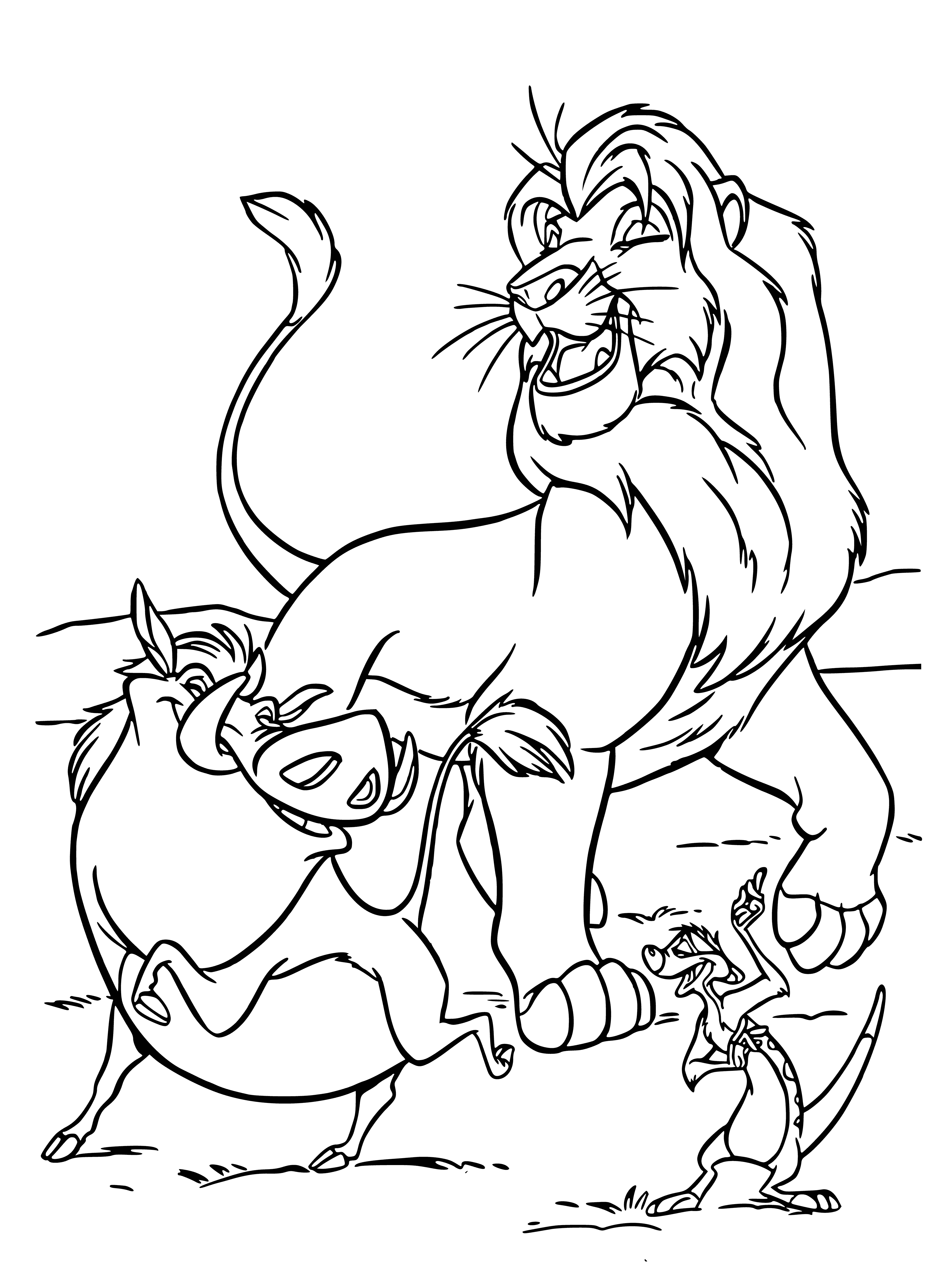 coloring page: Lying lion with a thick golden mane in center of coloring page, surrounded by grassy plain, trees, bushes, water & bright blue sky.