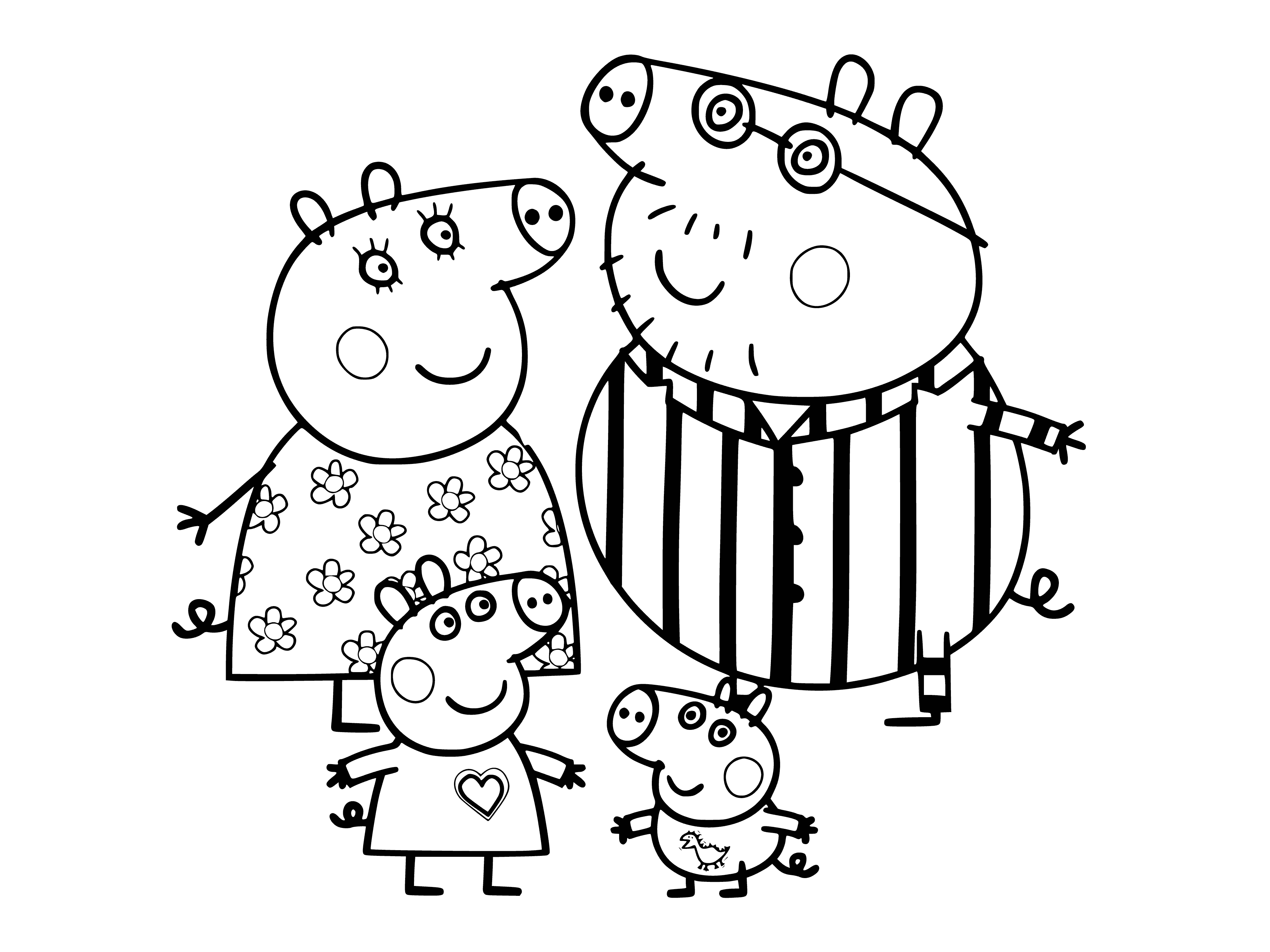coloring page: A family of four pigs, with pink skin and brown hair, have large, white house and red bag. Children smiling, parents happy, all excited. #pigfamily