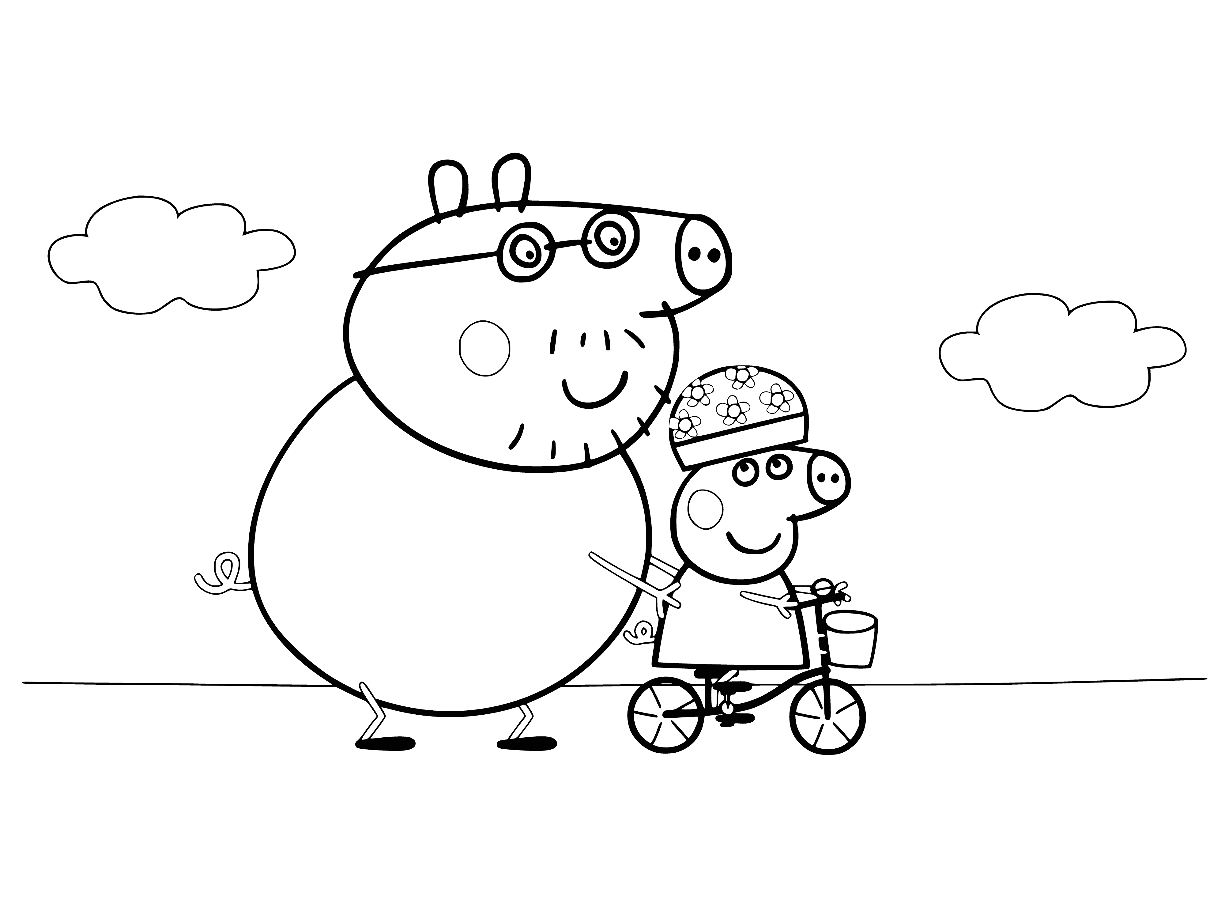coloring page: Four-year-old girl in pink dress and helmet sits on bike, happy as can be, hands on handlebars and feet on peddles. #RidingInStyle