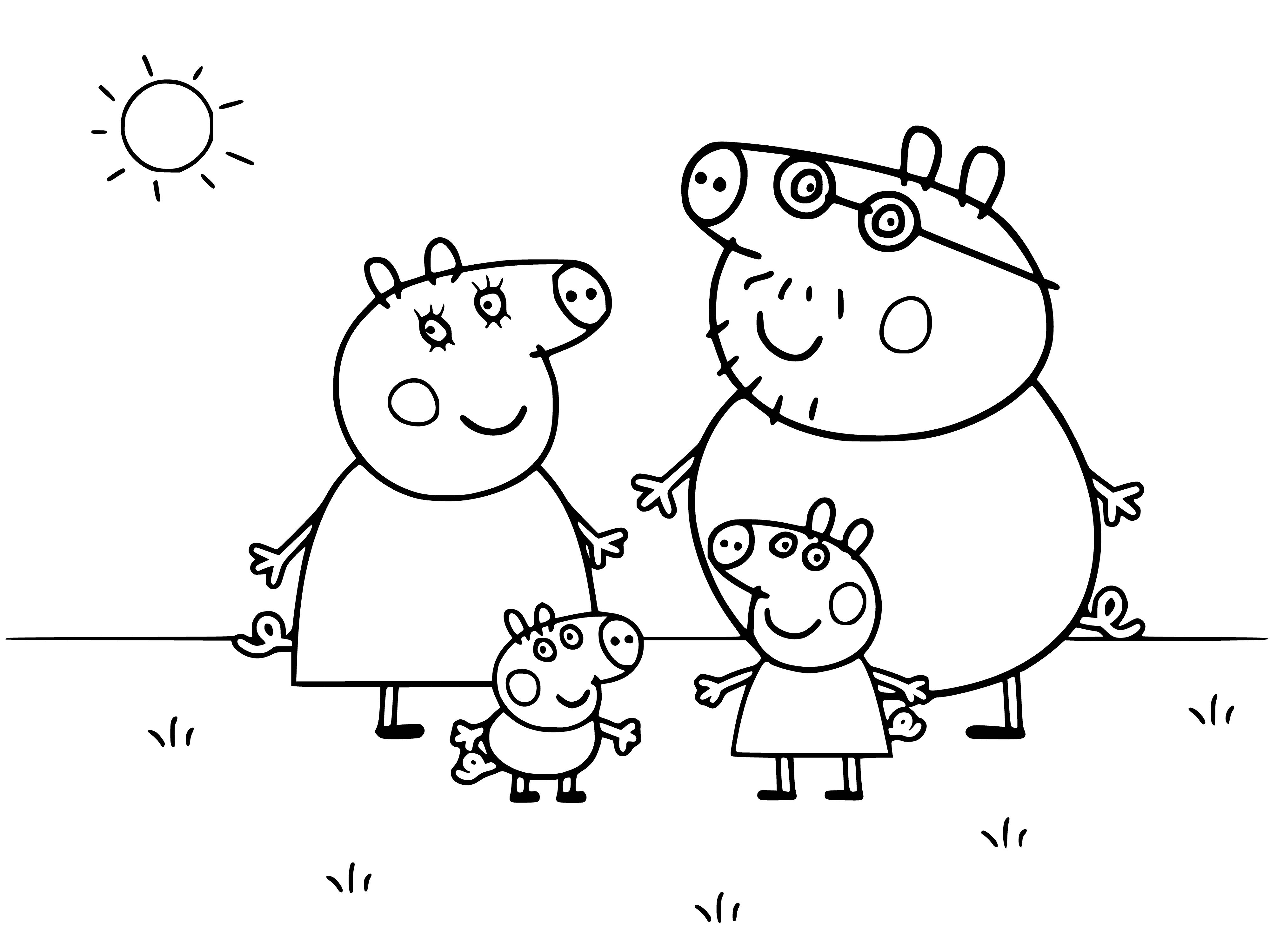 A family of pigs on a walk coloring page
