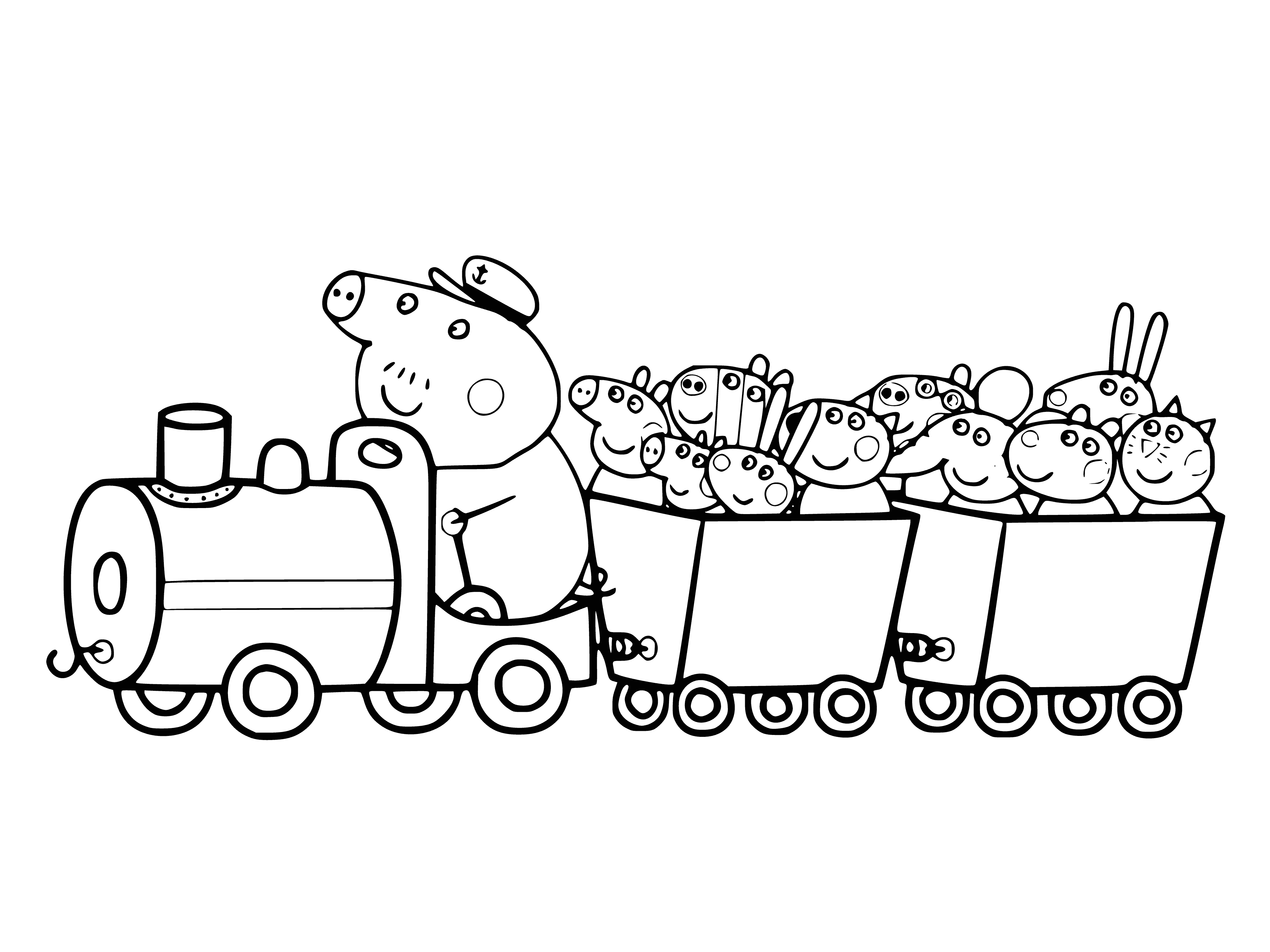 coloring page: Grandpa Pig drives a steam train with Peppa and George on top, holding a flag. #peppapig #trains