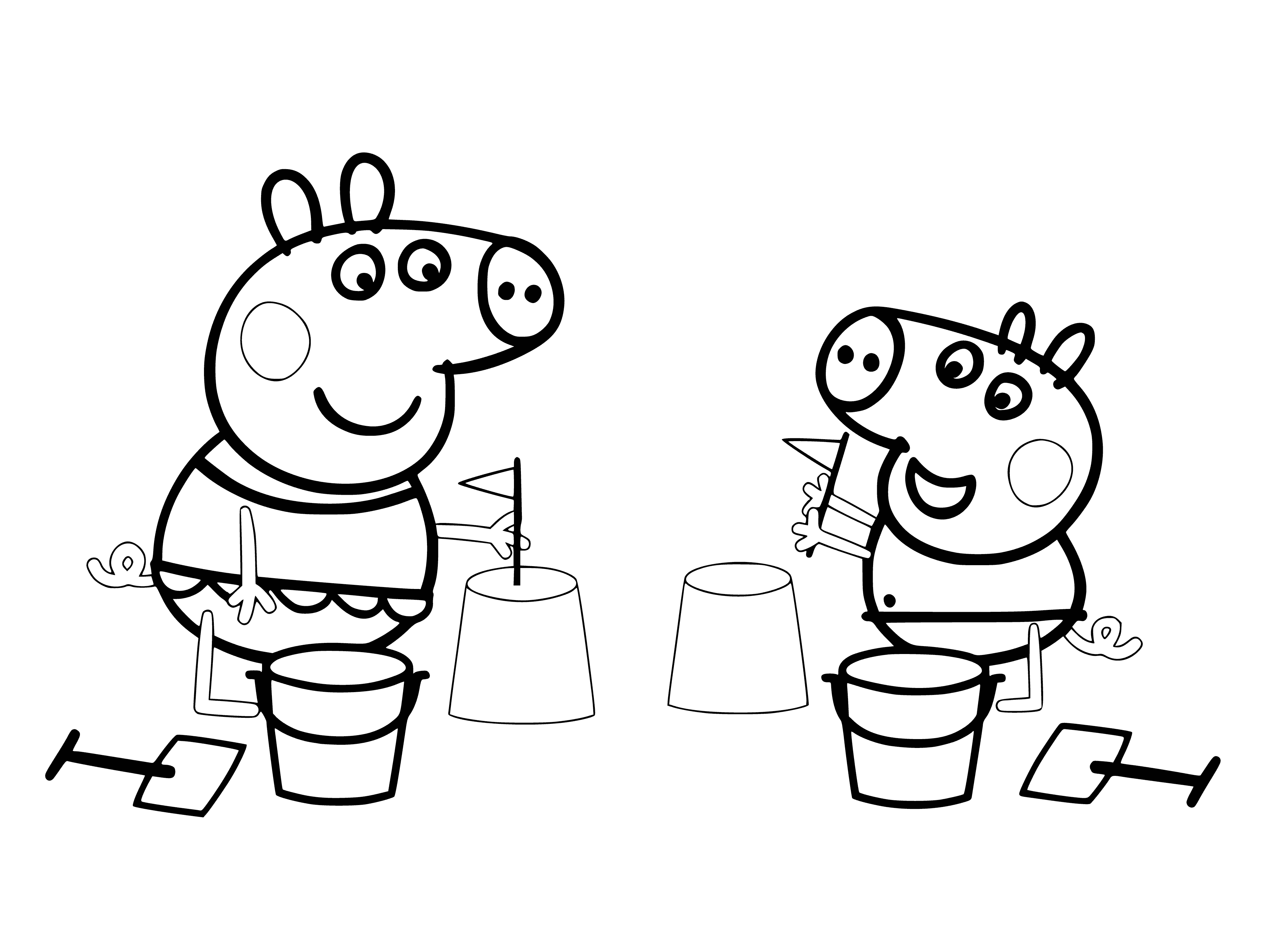coloring page: Peppa and George are making Easter cake with green grass, purple flowers, and yellow sun using icing and rolling pin.