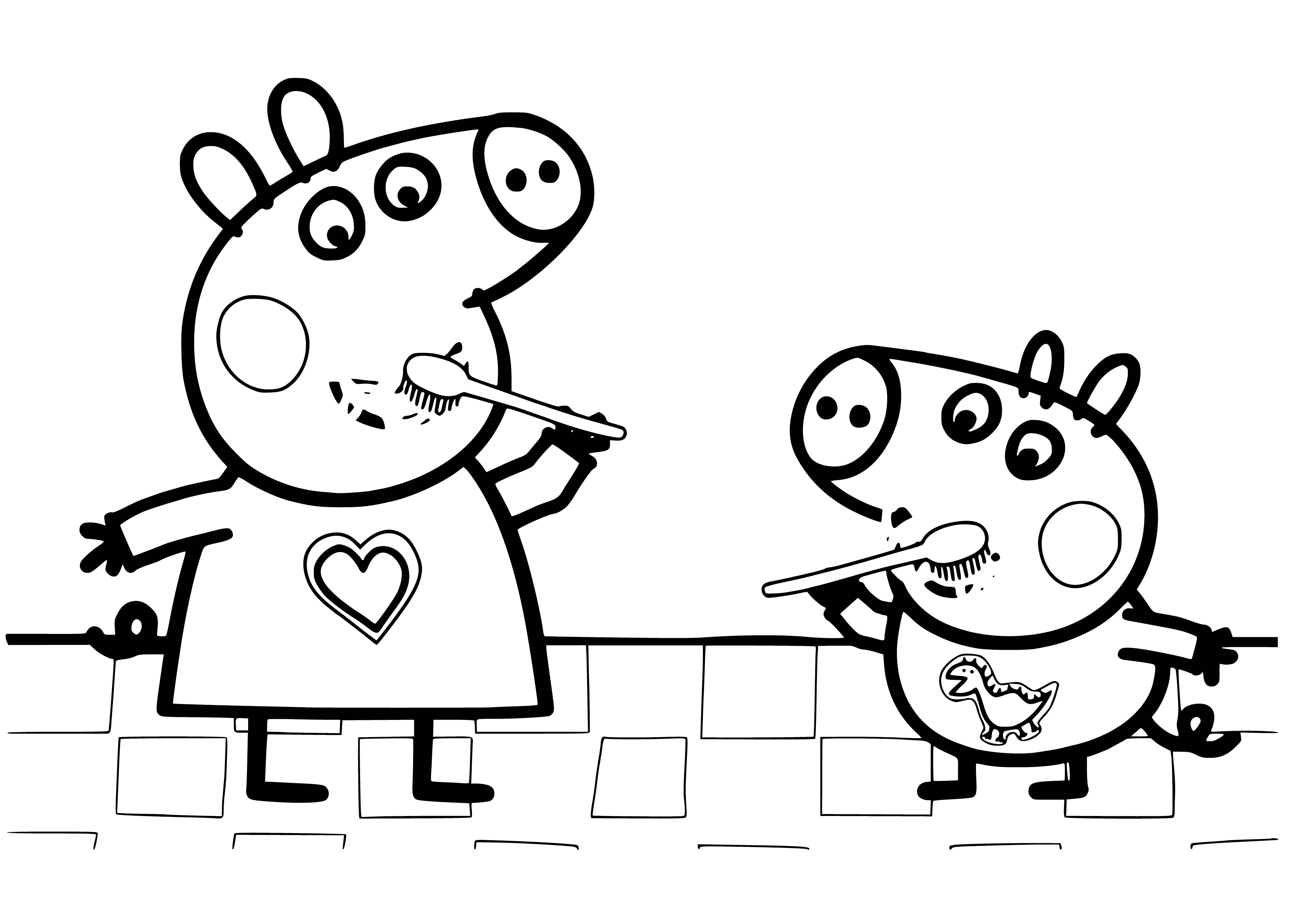 coloring page: Peppa & George brush their teeth in coloring page: Peppa on stool & George next to her, both with toothbrushes & toothpaste tube. #dentalhealth