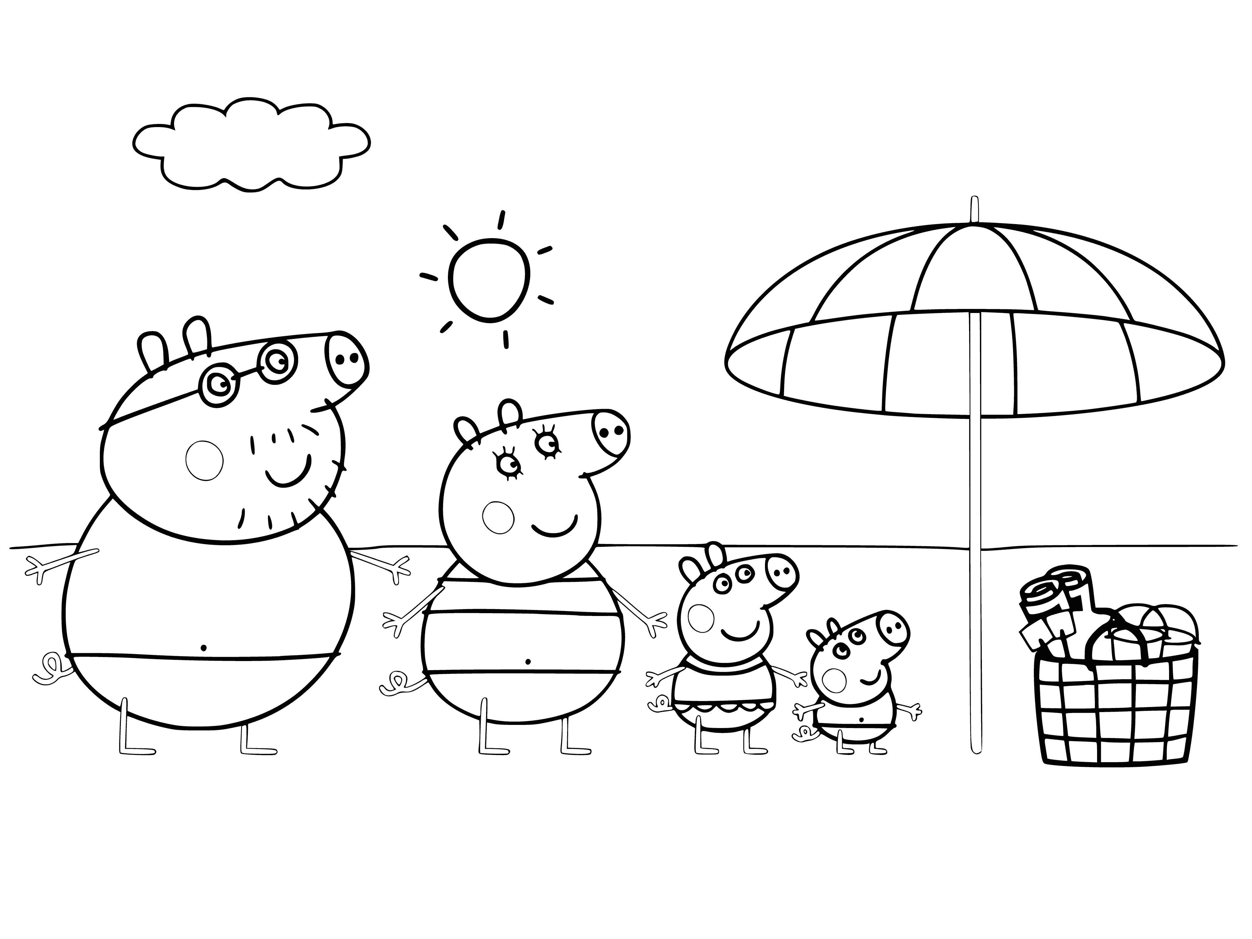 coloring page: Family of pigs playing in the sand on the beach, wearing swimsuits & sunglasses. Piglets building a sandcastle!