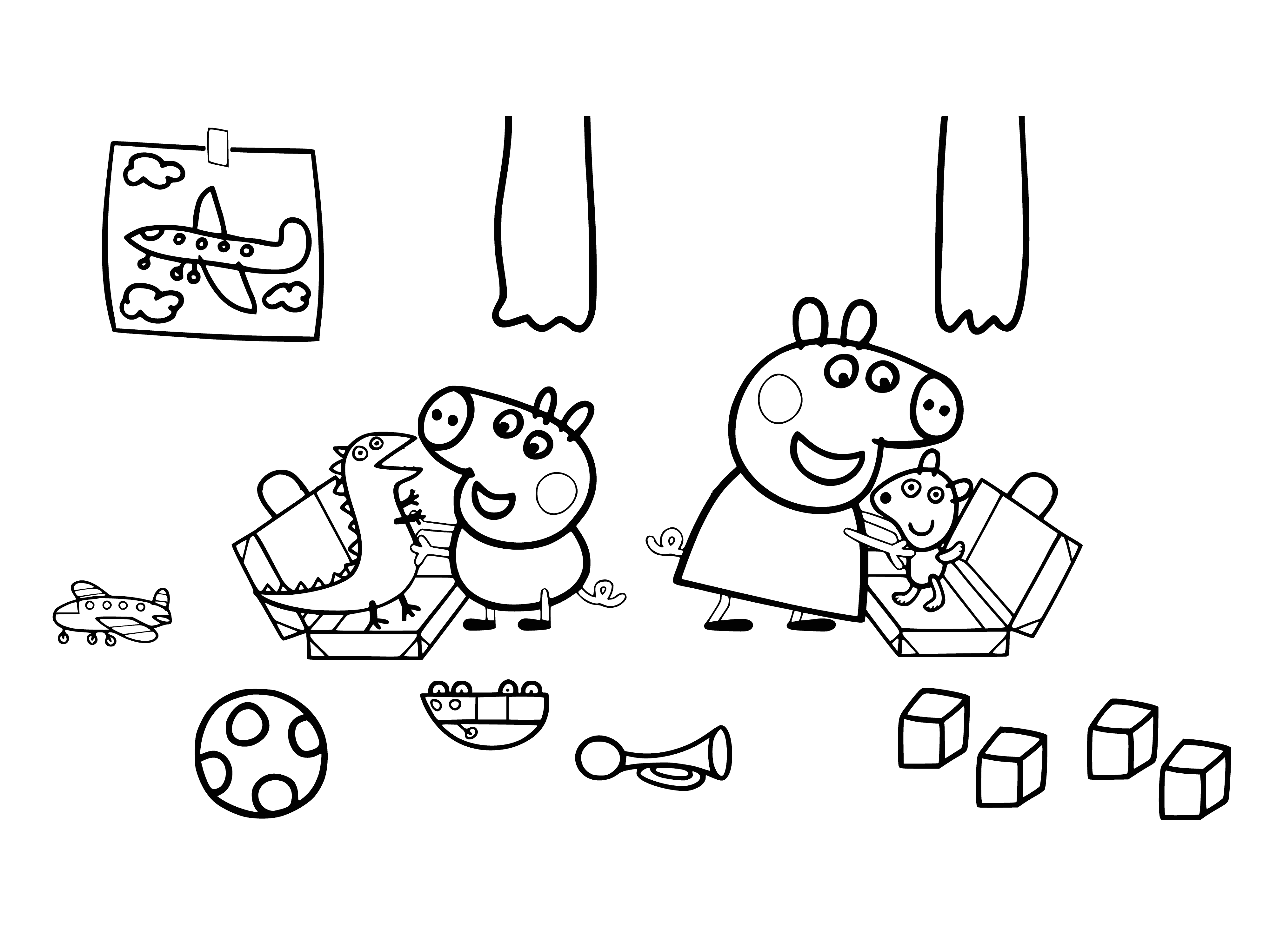 coloring page: Peppa & George pack bags & smile- Peppa has a suitcase & George has a backpack. #PeppaPig