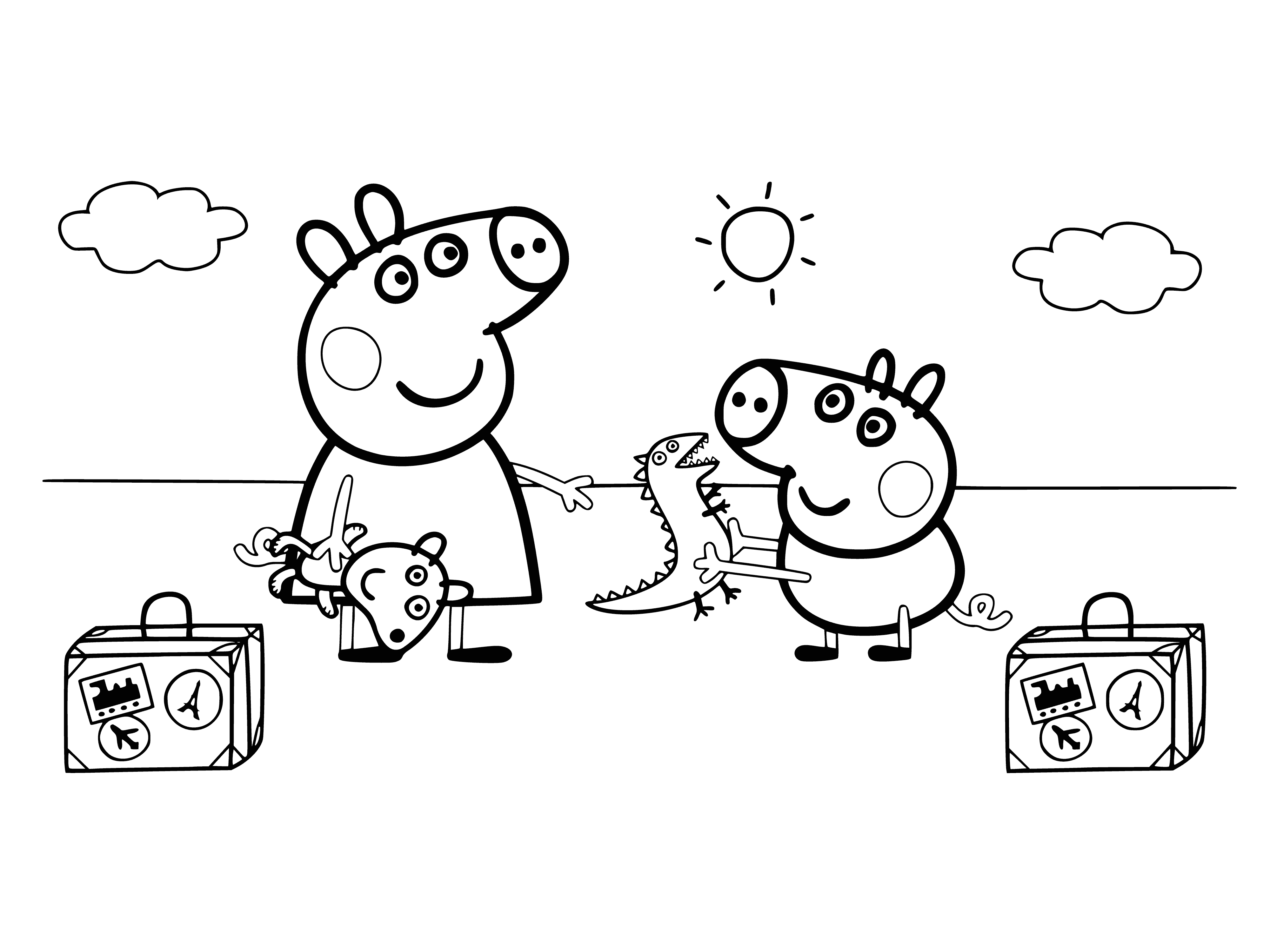 coloring page: Peppa and George are ready for a trip - packed suitcases, coats, and hats on!