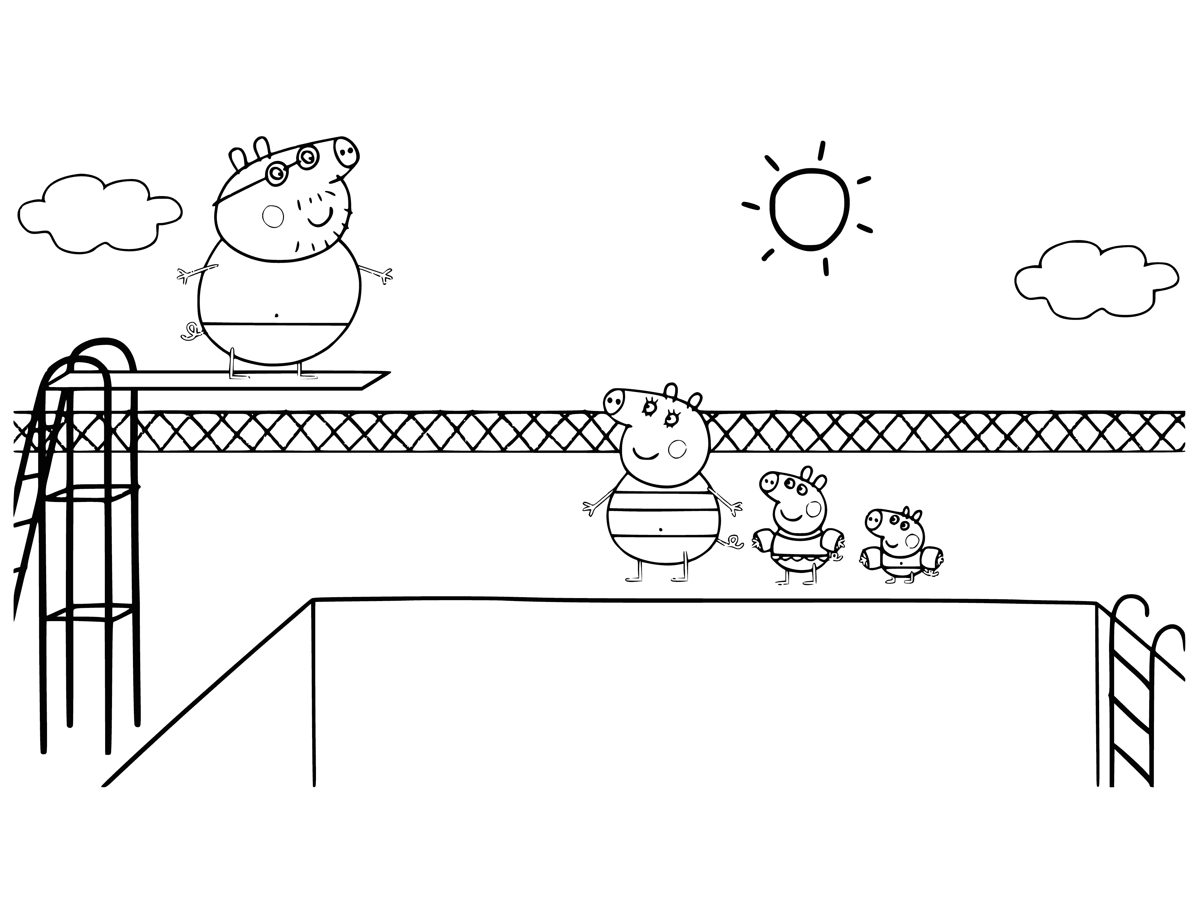 coloring page: Peppa is in the pool with a swim cap, bathing suit & rubber duck.