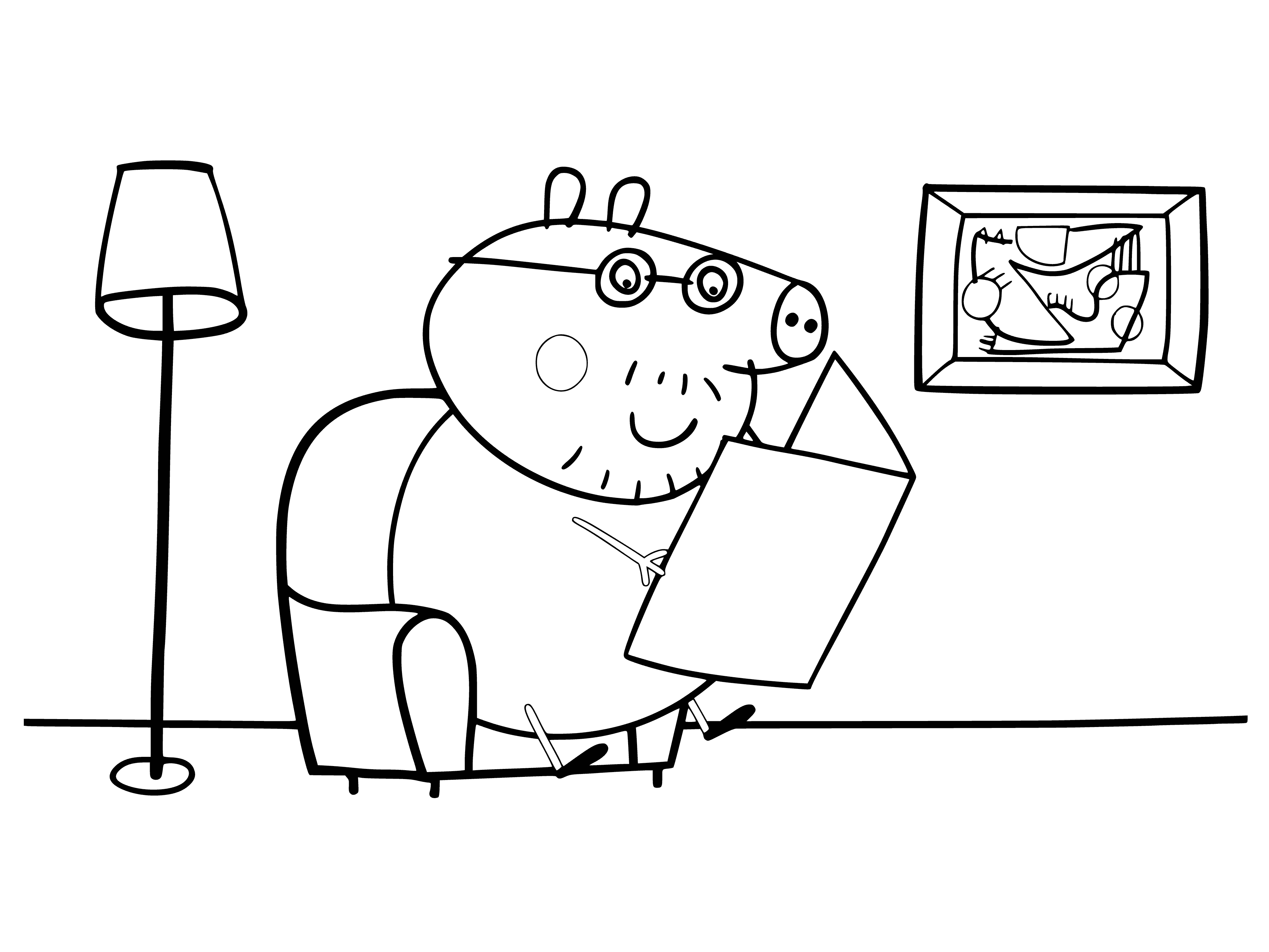 coloring page: Peppa's dad reads the newspaper intently, pencil in mouth and paper in hand while sitting in a chair.