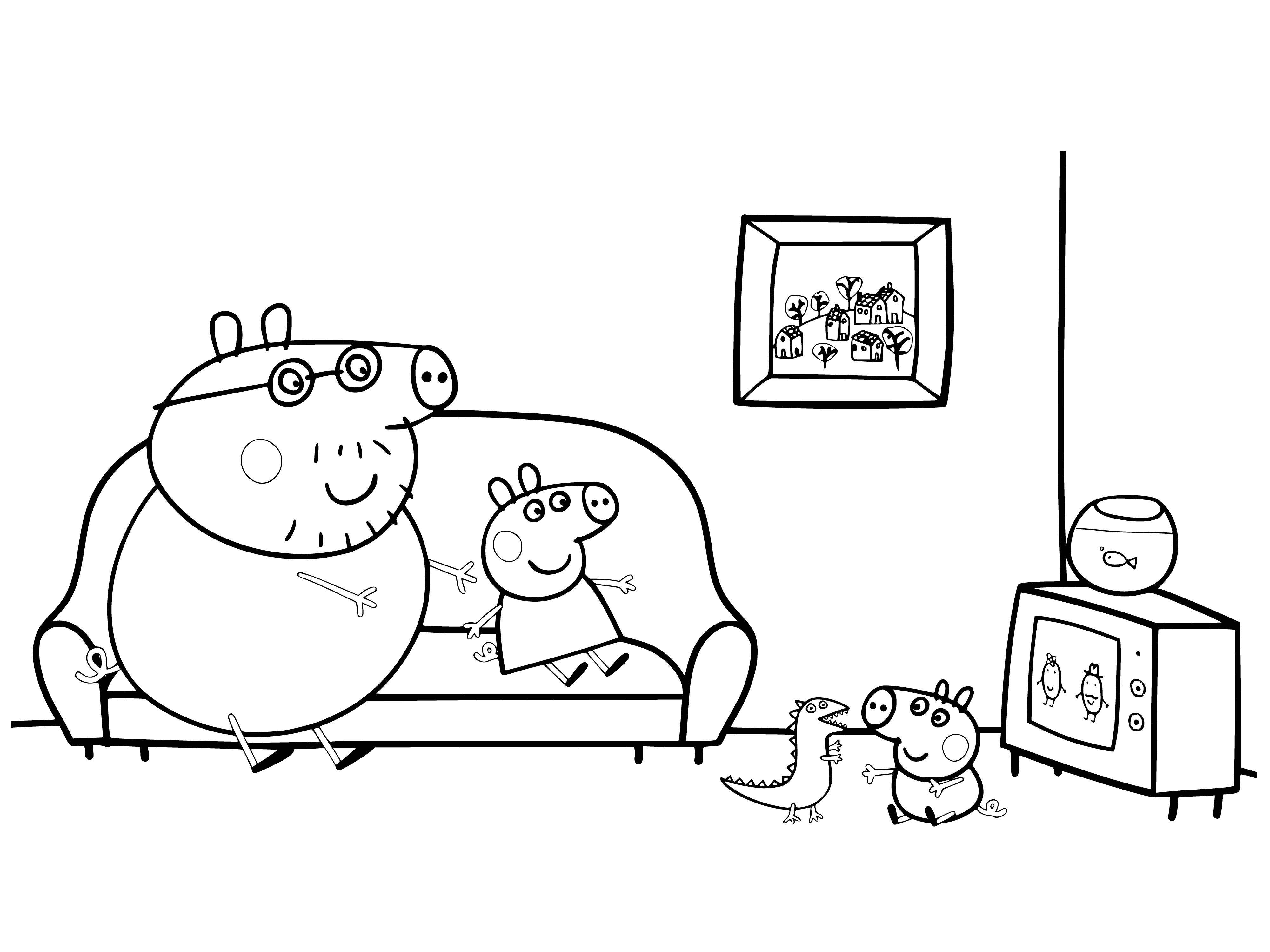 coloring page: Family seated on floor, facing TV. George has a blue car, Peppa a red toy. Mom has a book.