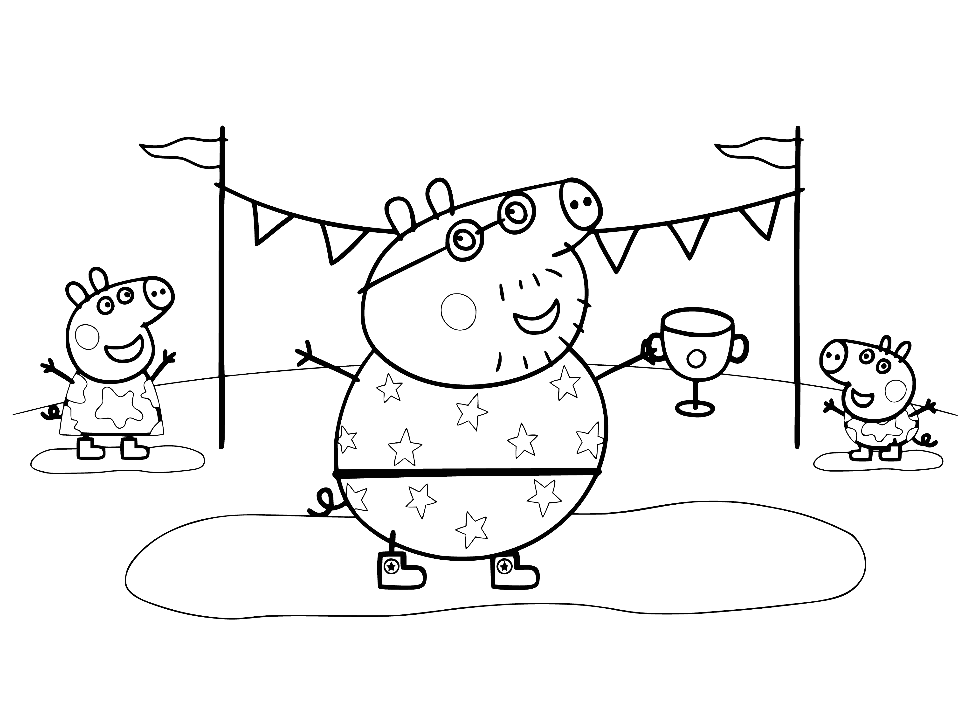 coloring page: Coloring competition of Peppa Pig surrounded by colored hearts; "Competition" at bottom of page.