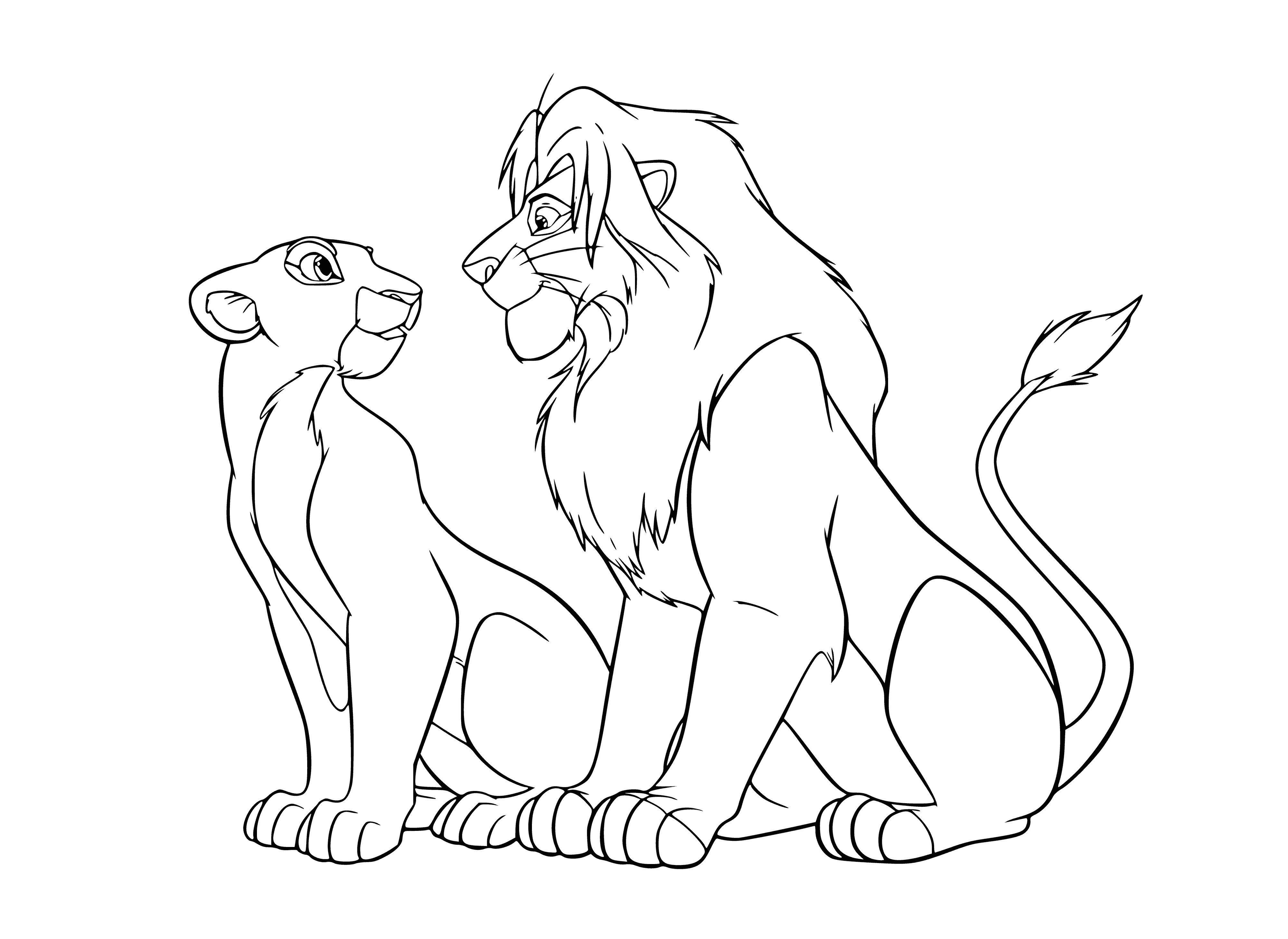 coloring page: Two lions, one lying down and one standing with its paw on the other's chest, face a windy day. #Lions