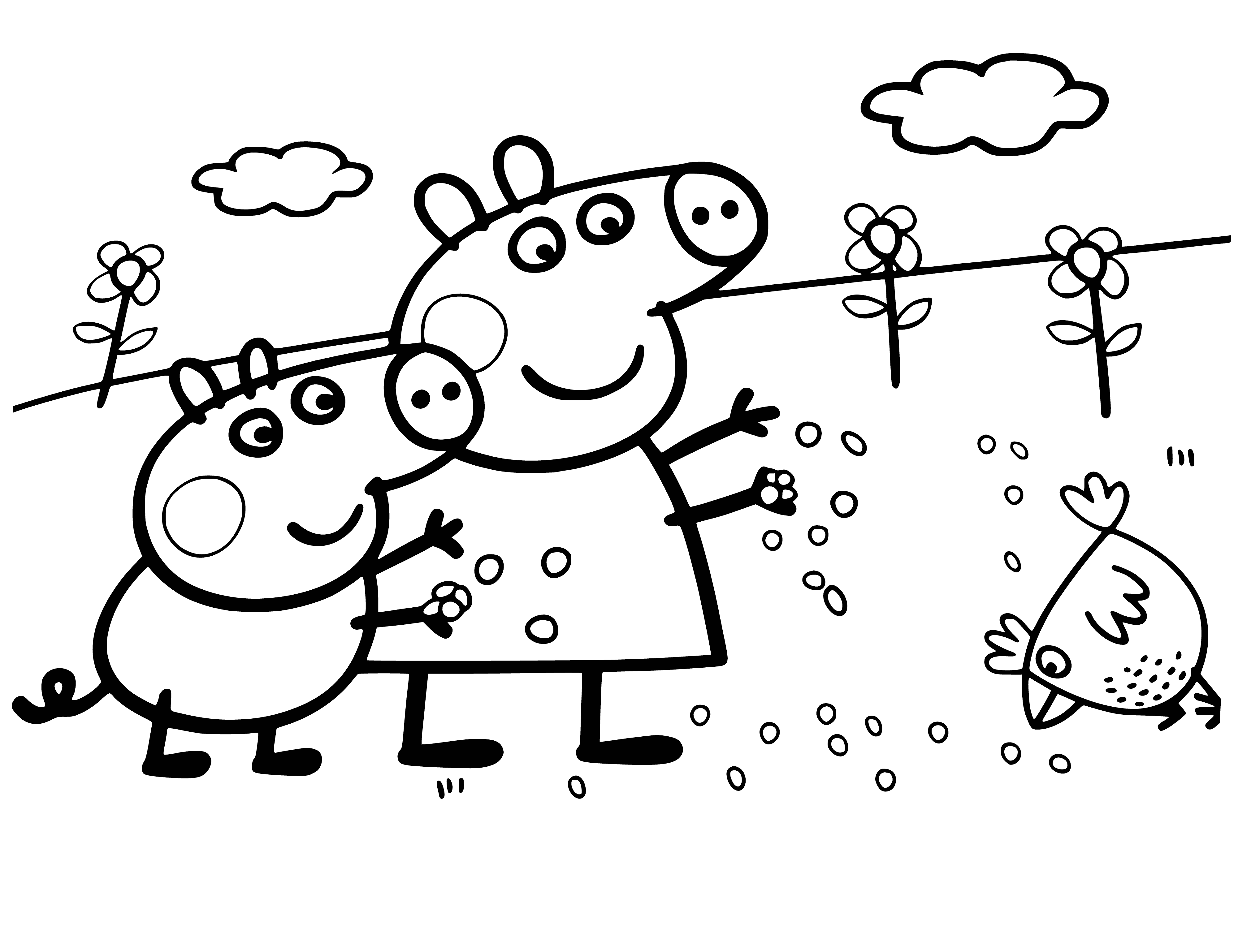 coloring page: George & Peppa standing by a chicken coop, George holding a bucket of food. #peppapig