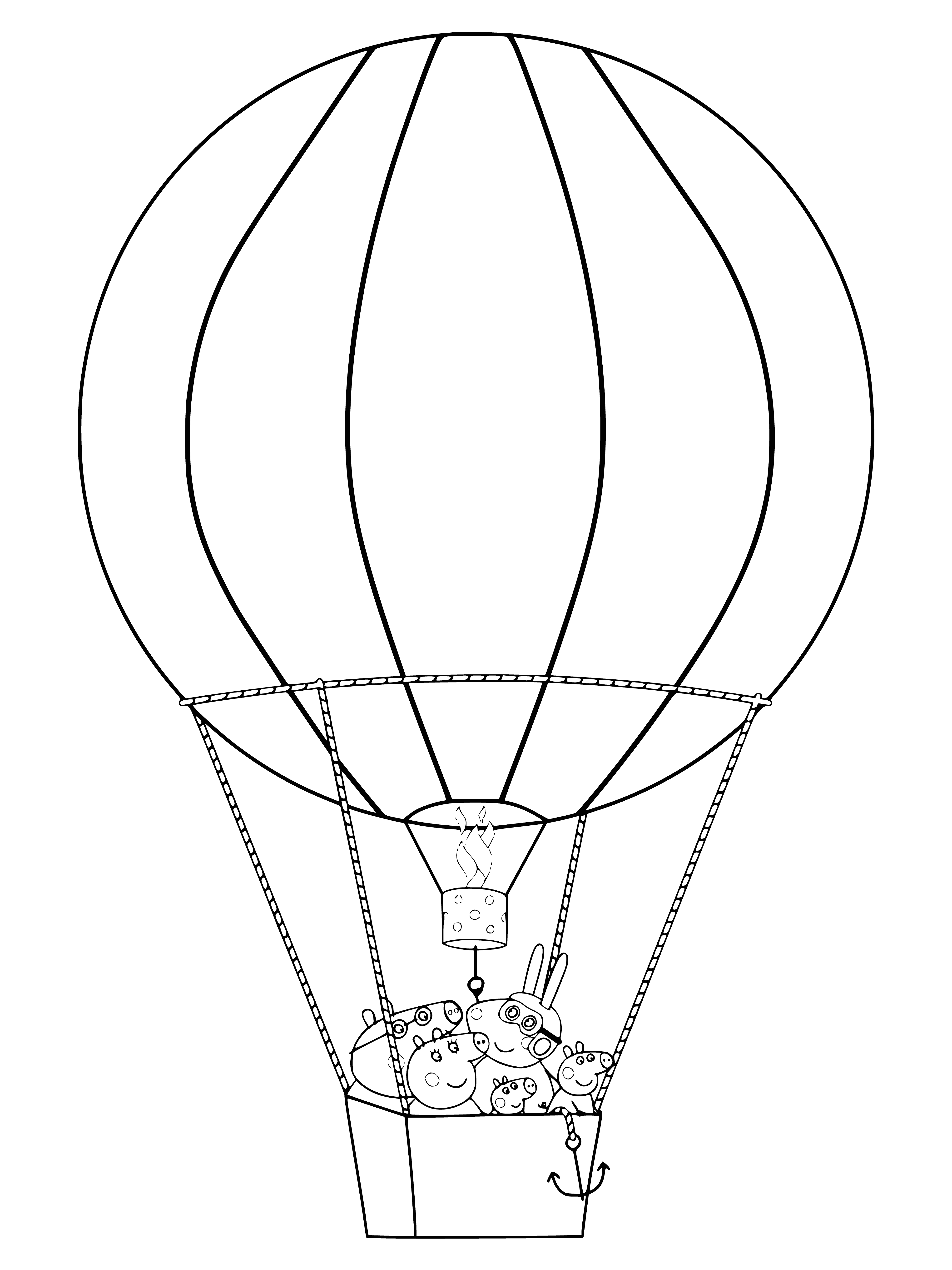 coloring page: Peppa Pig in hot air balloon - colors red, blue, yellow. Wearing pink skirt + white shirt w/ big smile.