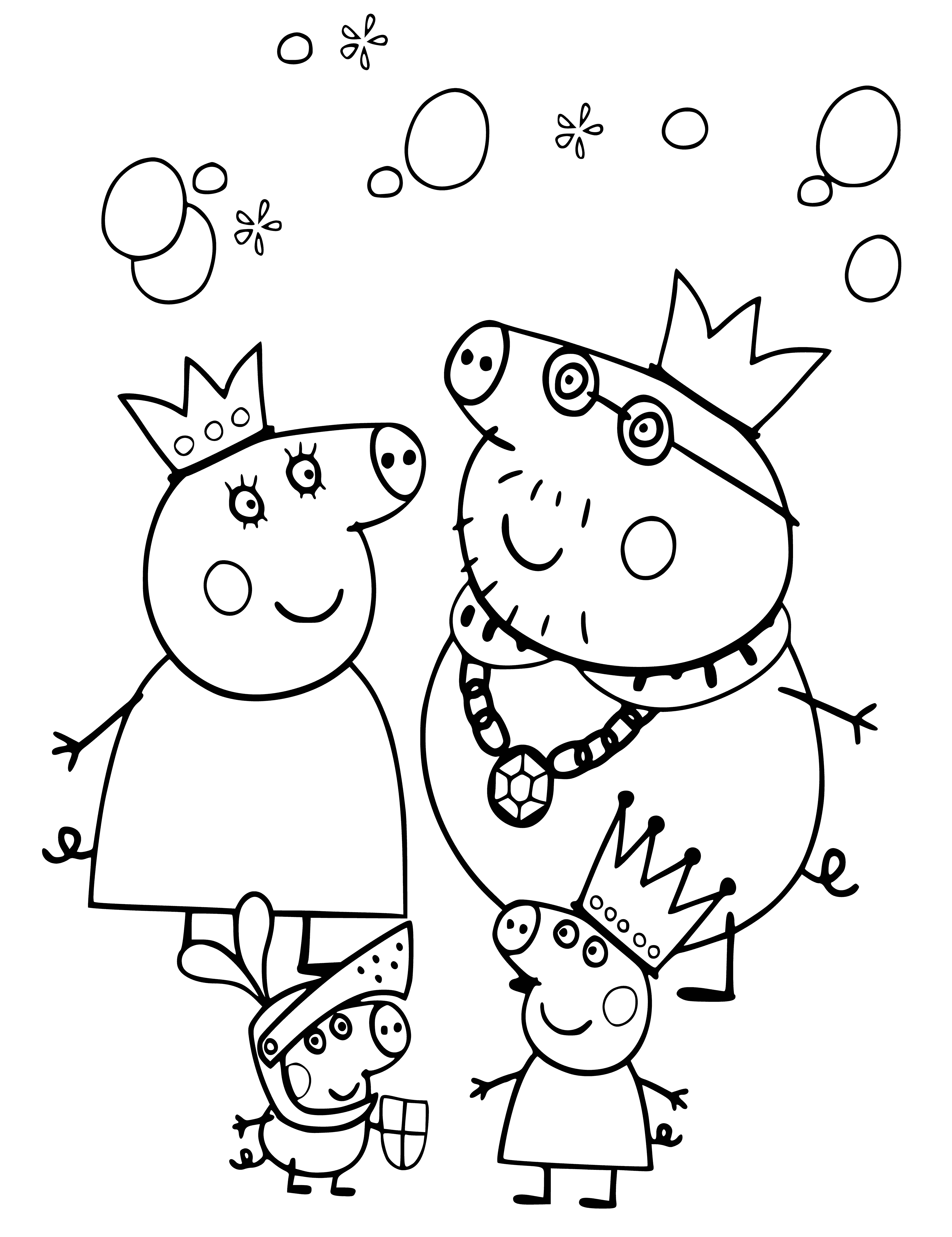 coloring page: Peppa and her family dress up and pose on a red carpet, with Peppa in a blue dress and crown, George in a red cape and crown, and the parents in a blue suit and pink dress. #peppapig
