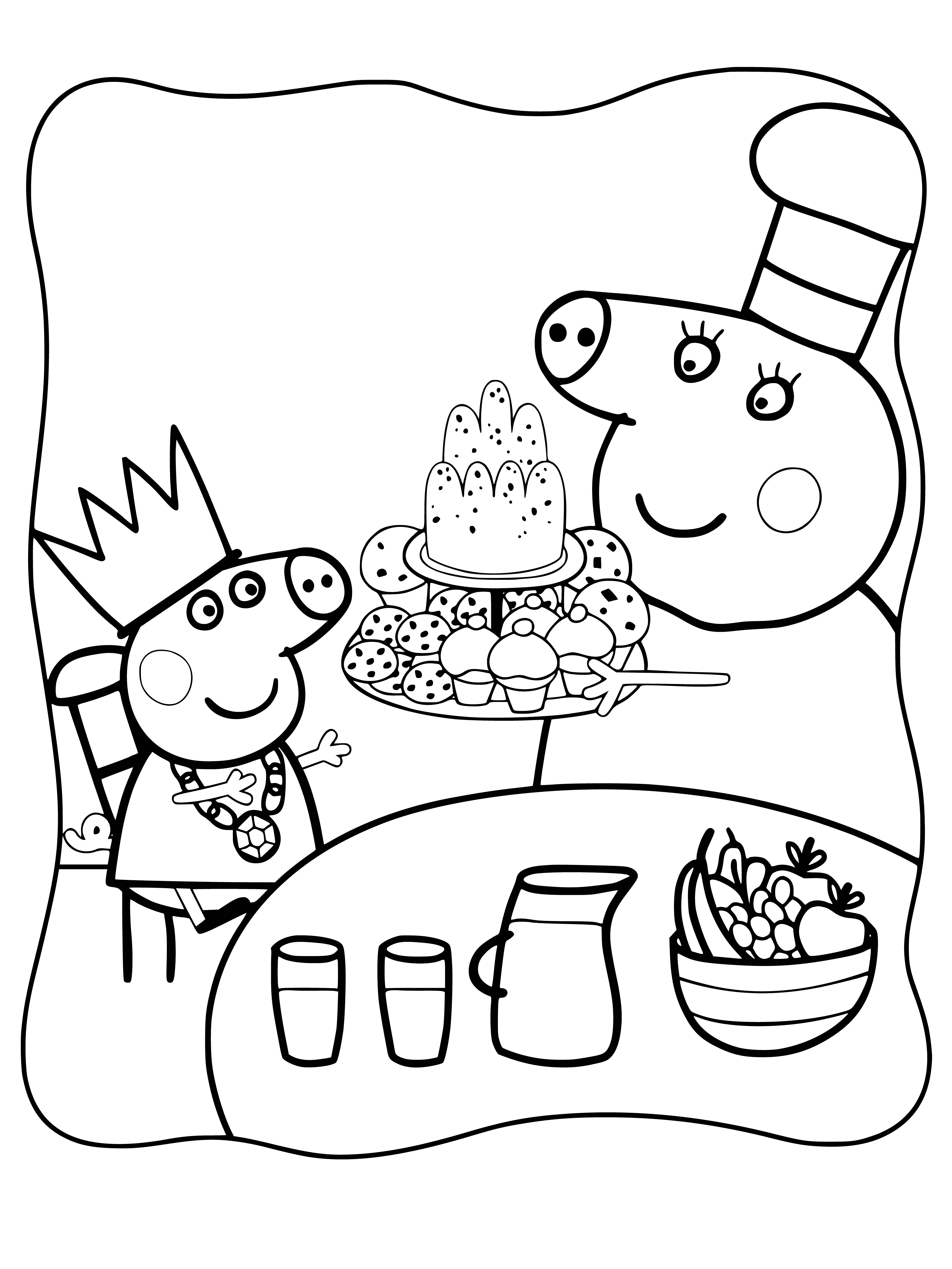 coloring page: Granny & Peppa Pig sit at a table with a sandwich, cake, & cup of tea. Granny smiles with a teaspoon in hand. Peppa looks on.