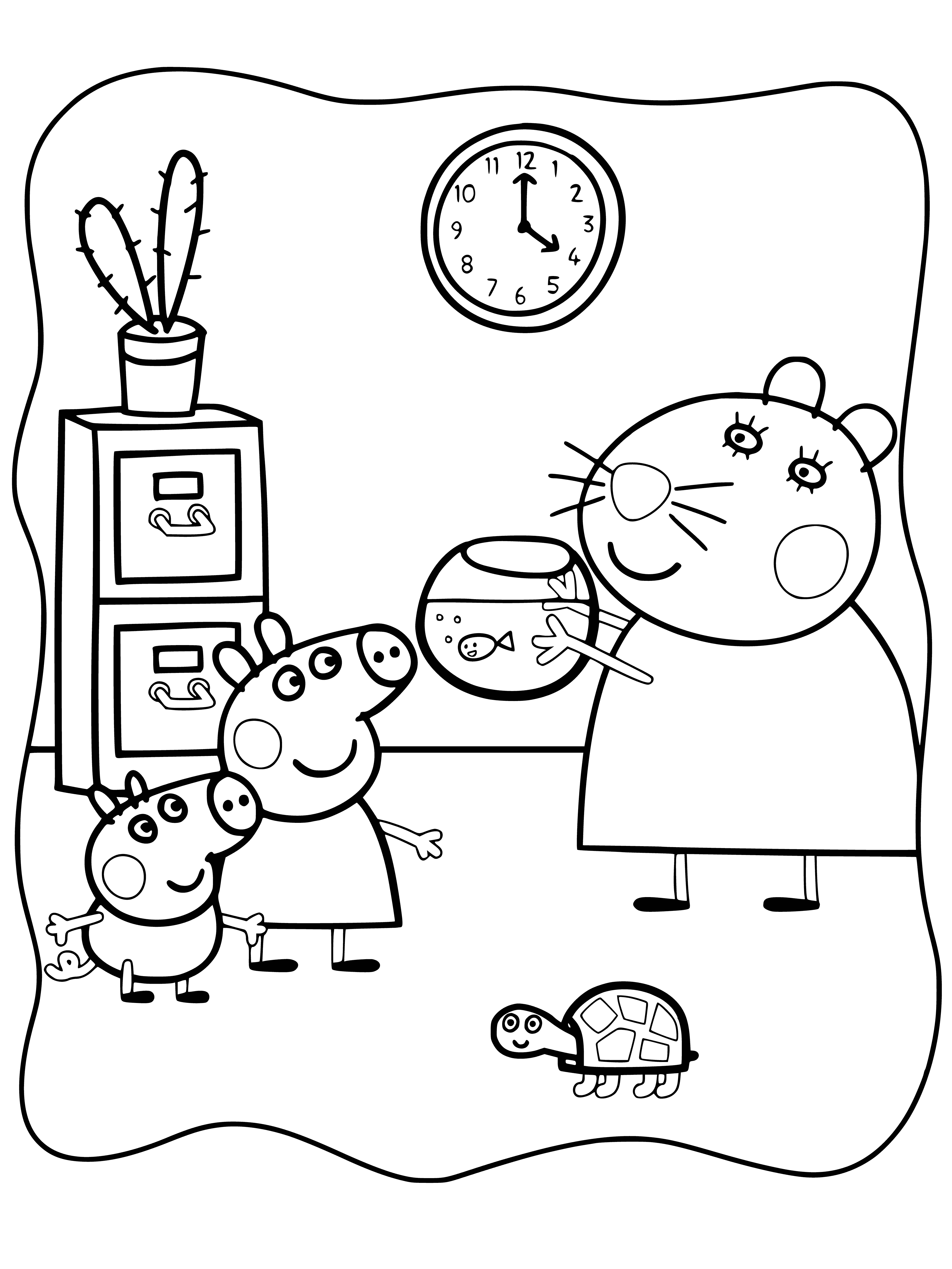 coloring page: A brown hamster in a white coat and stethoscope sits on a purple chair, with a blue book on the floor, while Peppa Pig in a pink dress stands next to it.