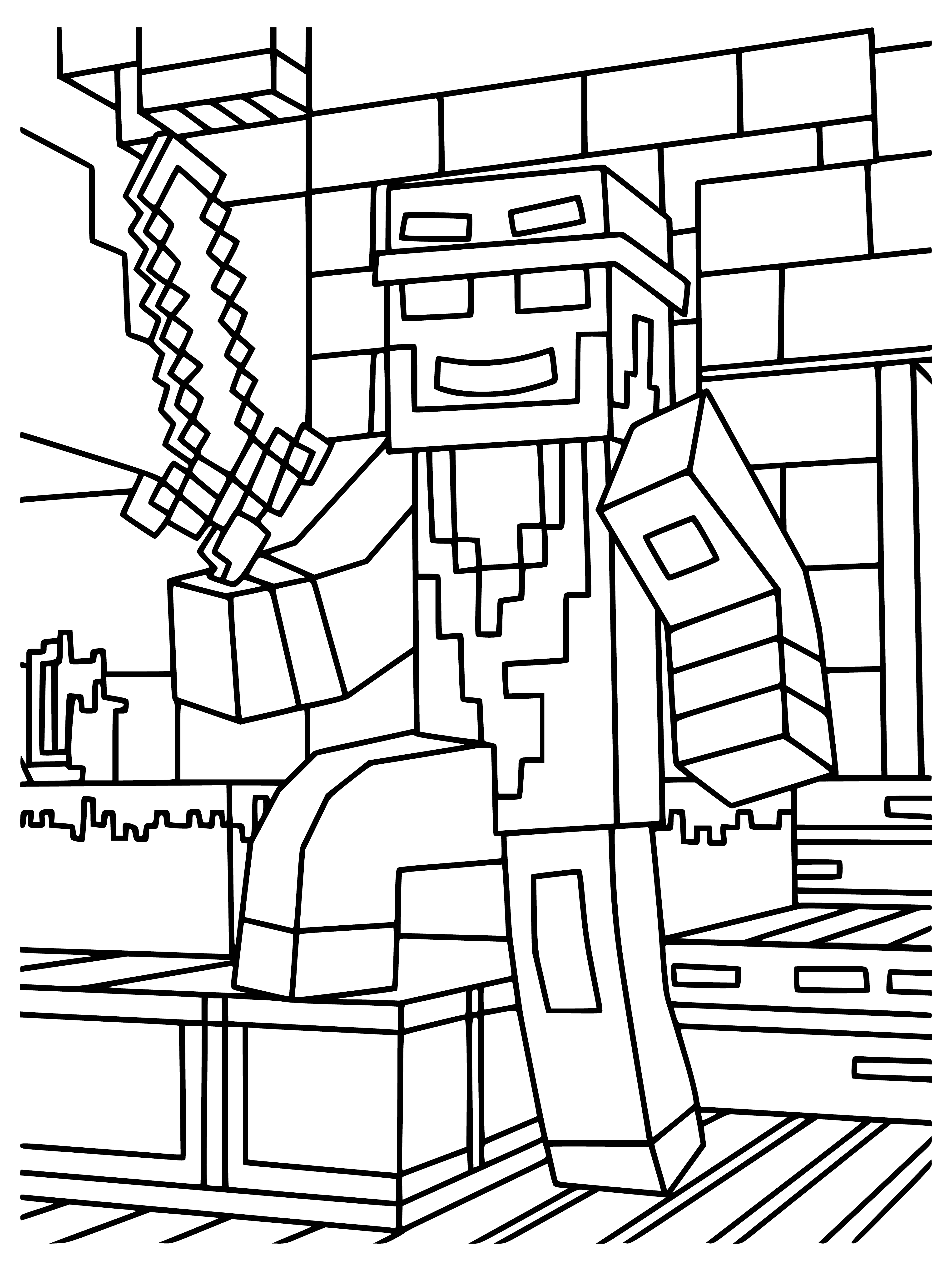 coloring page: Player stands on bridge over a river in Minecraft village with houses and farms.