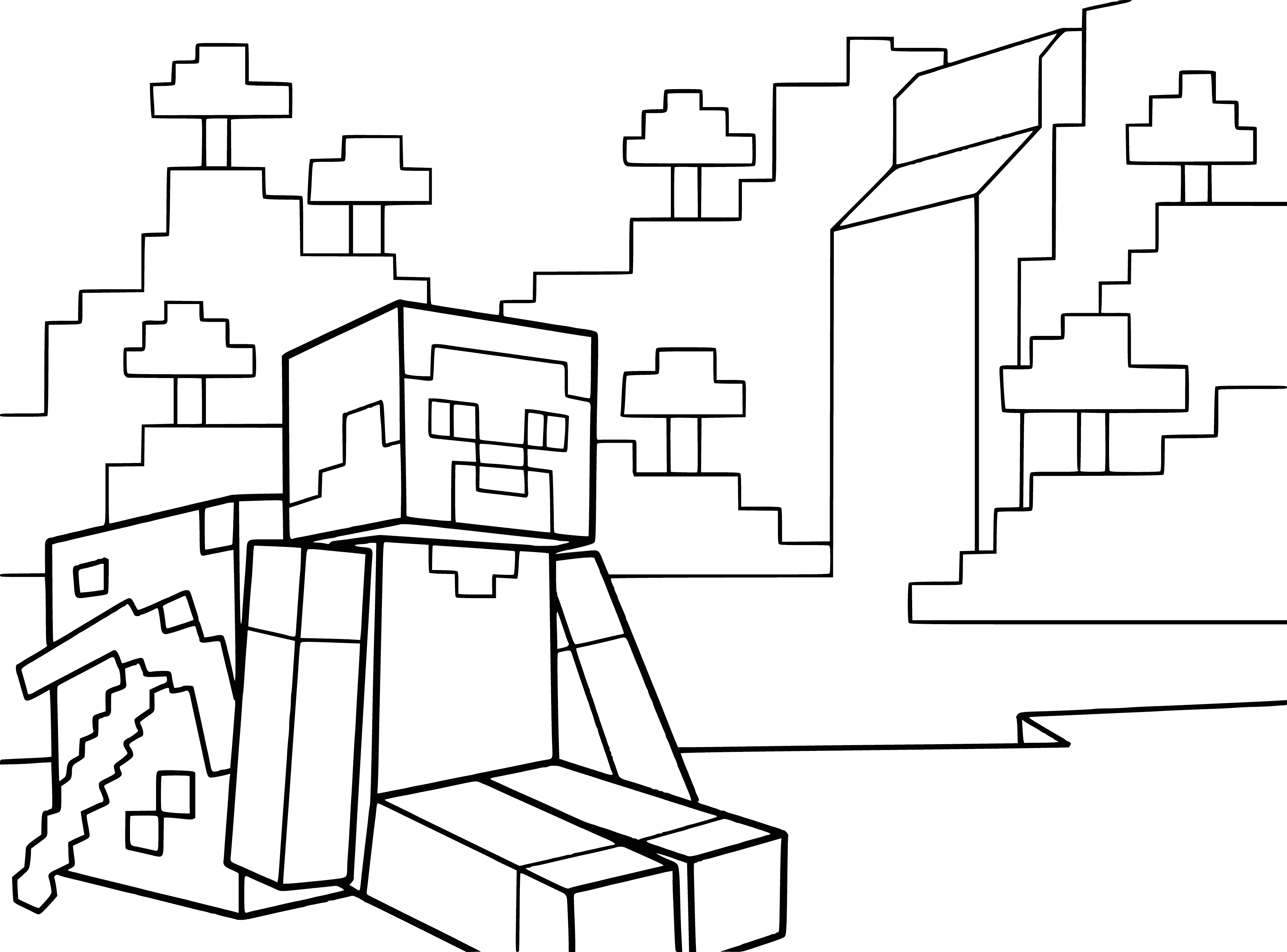 coloring page: In Minecraft coloring page, there's a person crafting by green trees & blue sky w/white clouds, blue shirt & jeans, papers & pencils.